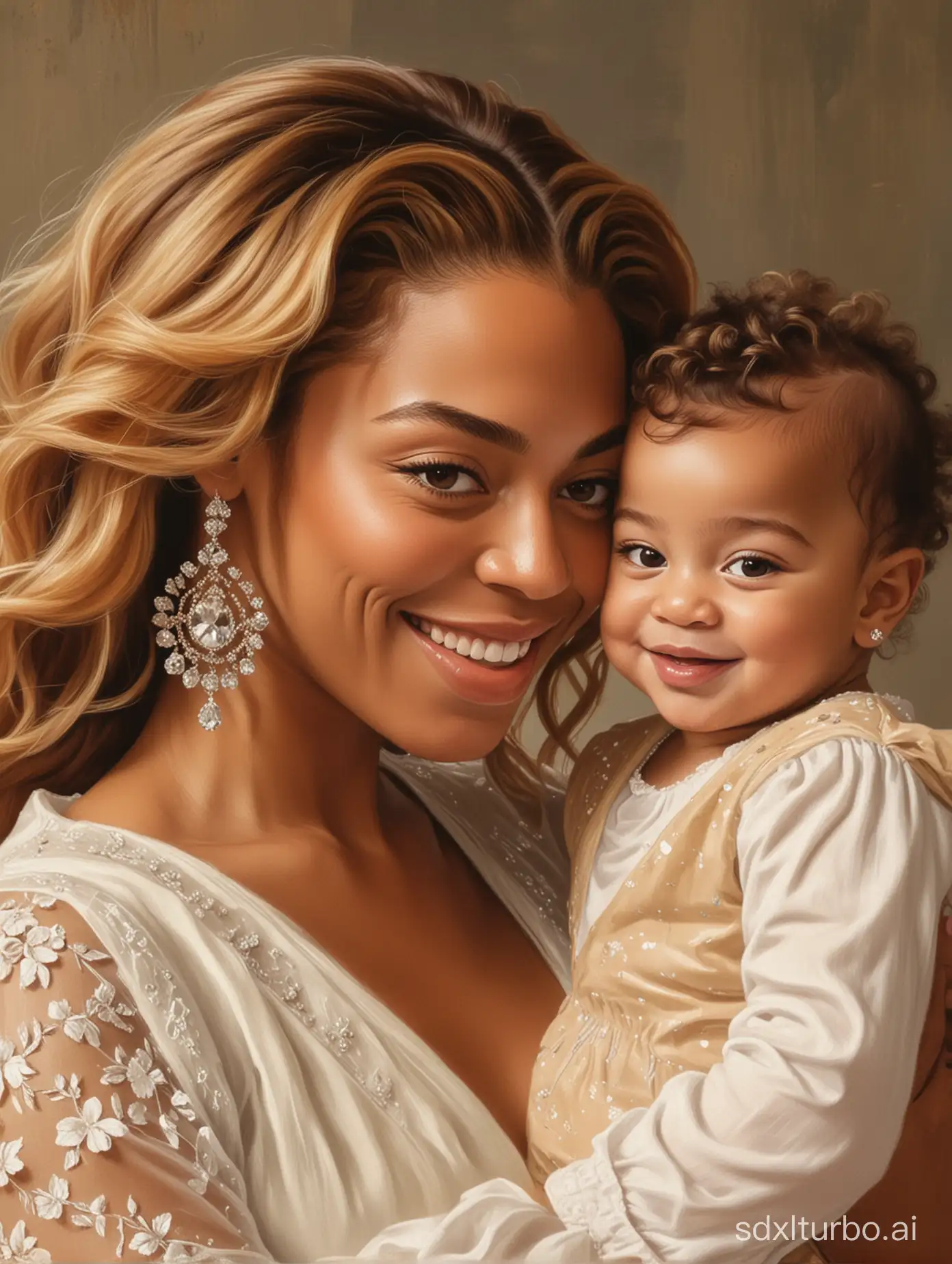 Delicate painting, masterpiece, Beyoncé the singer interacting with a baby with a smile👶