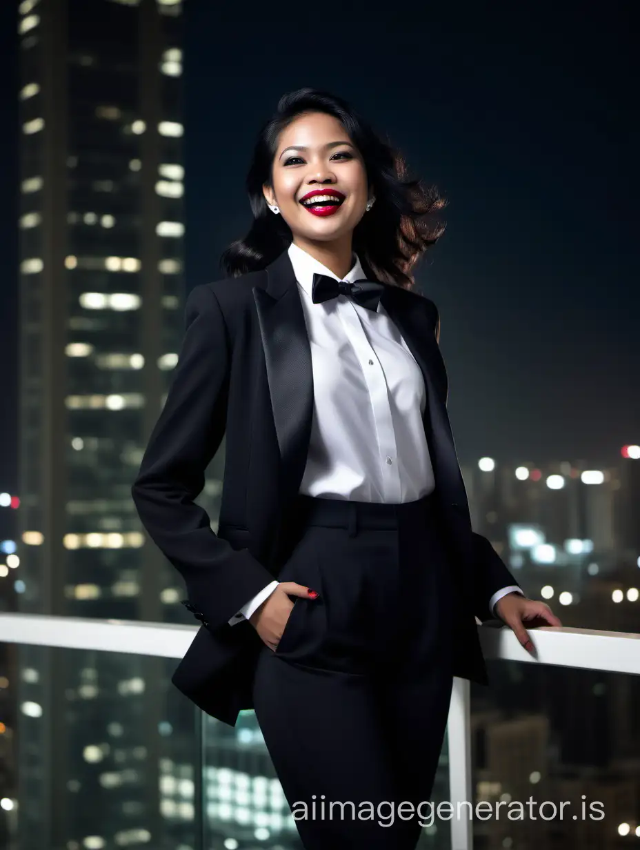 It is night at the top of a skyscraper.  A laughing and smiling dark skinned Thai woman shoulder length black hair, and lipstick, mid-twenties of age, is walking forward toward the viewer.  She is wearing a tuxedo with an open black jacket and black pants.  Her shirt is white with double French cuffs and a wing collar.  Her bowtie is black.   (Her cufflinks are large and black).  She is wearing shiny black high heels.