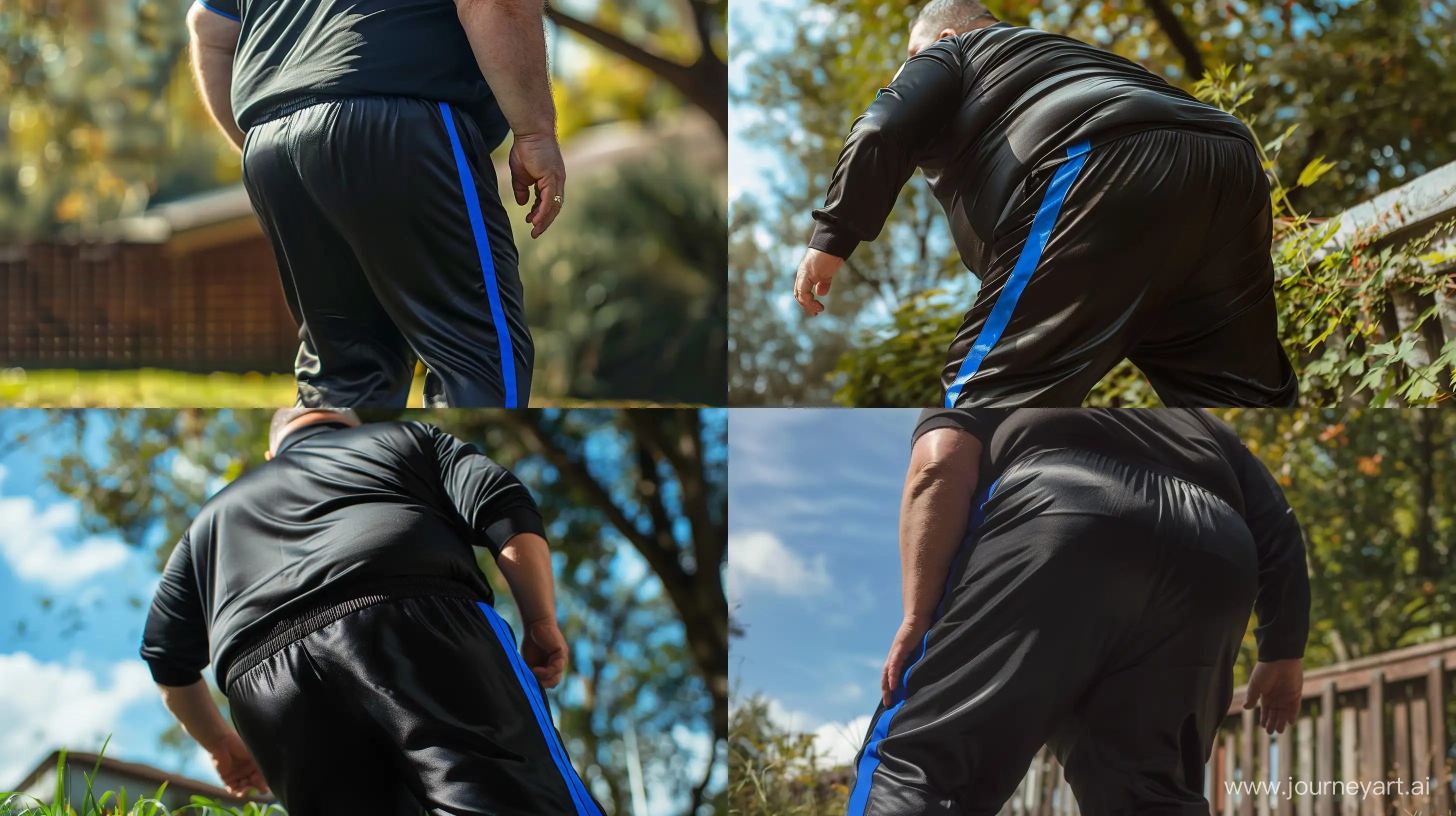 Back view close-up waist level photo of a fat man aged 60 wearing silk black tracksuit pants with royal blue stripe on the leg and a tucked in silk sport polo shirt. Leaning backwards outside. --style raw --ar 16:9