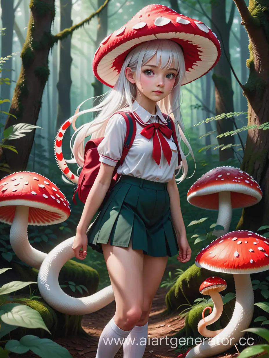 A white-haired girl is standing in the forest. She's wearing a fly agaric hat and a school uniform. A red and white snake is crawling along the arm.