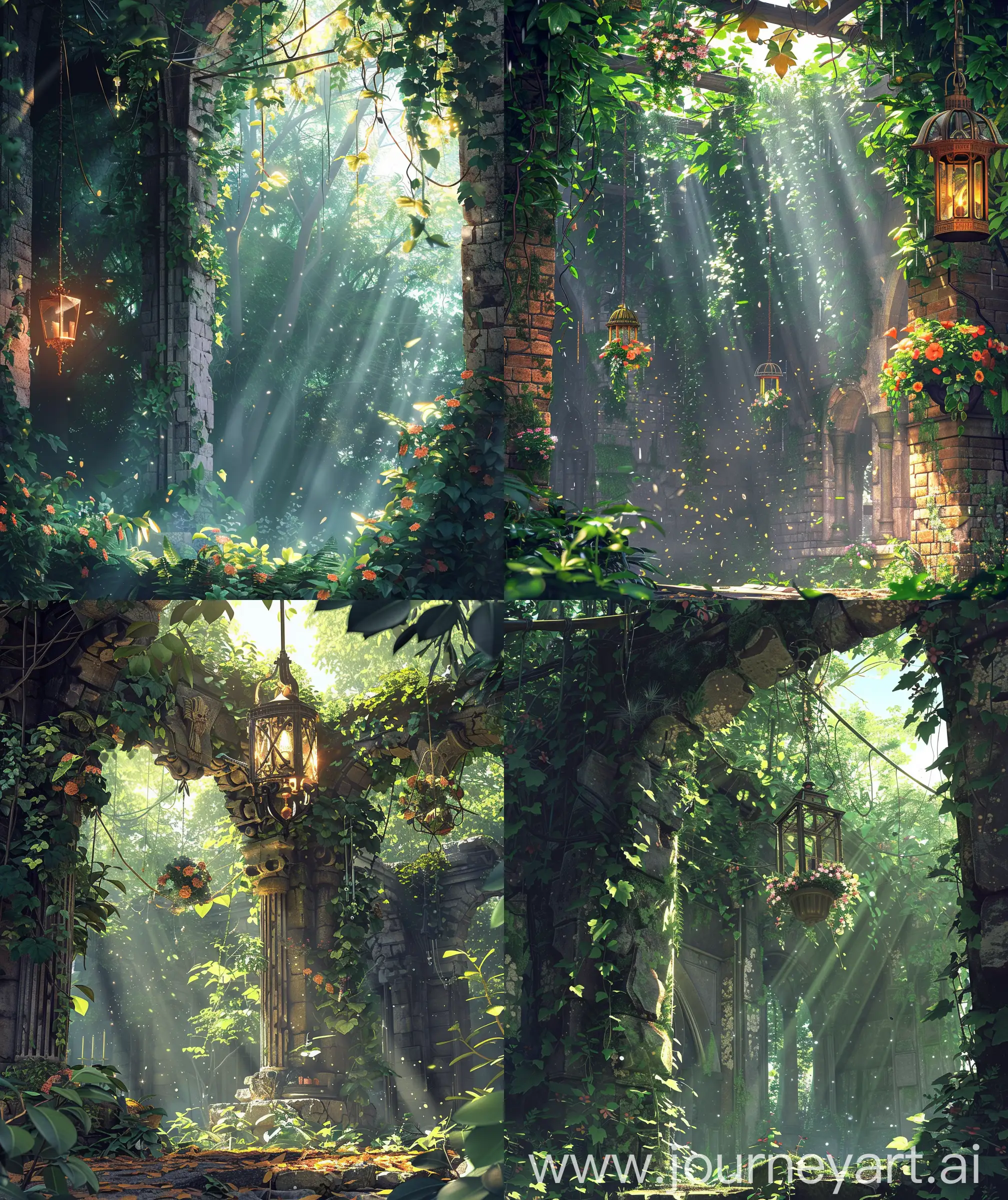 Beautiful anime view, illustration, "abundance ruin, overgrown with Bougainville plant and ivy", hanging lamp and flowers decoration, forest, fantasy anime view, sunlight through leaves, , glistening atmosphere, anime scenary, beautiful "direct front view facade", Ultra hd, sharp details, no hyperrealistic --ar 27:32