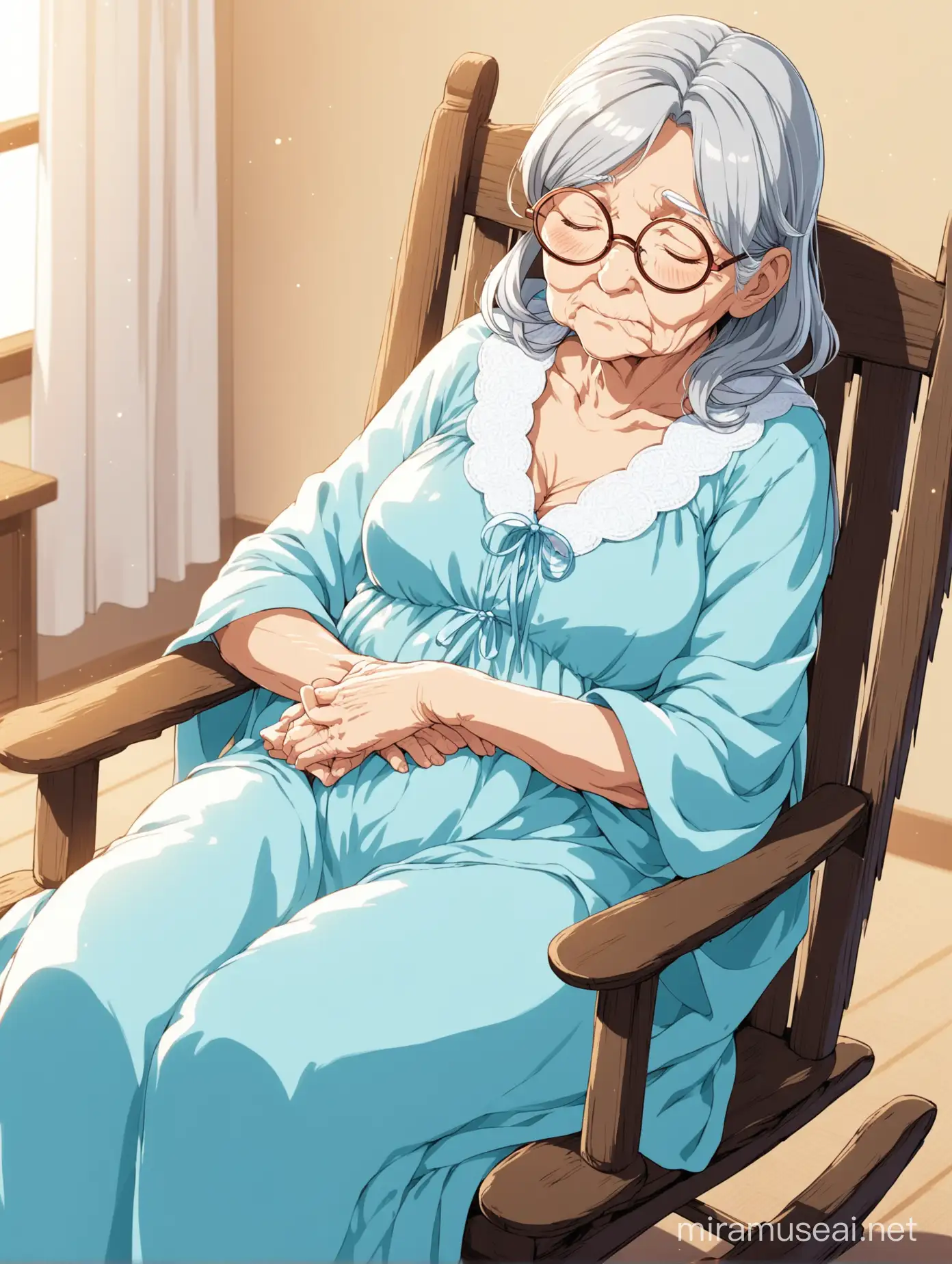 Anime, Old lady, wrinkled, with long gray hair, wearing light blue nightgown, white shawl, round glasses, sitting on rocking chair, sleeping.
