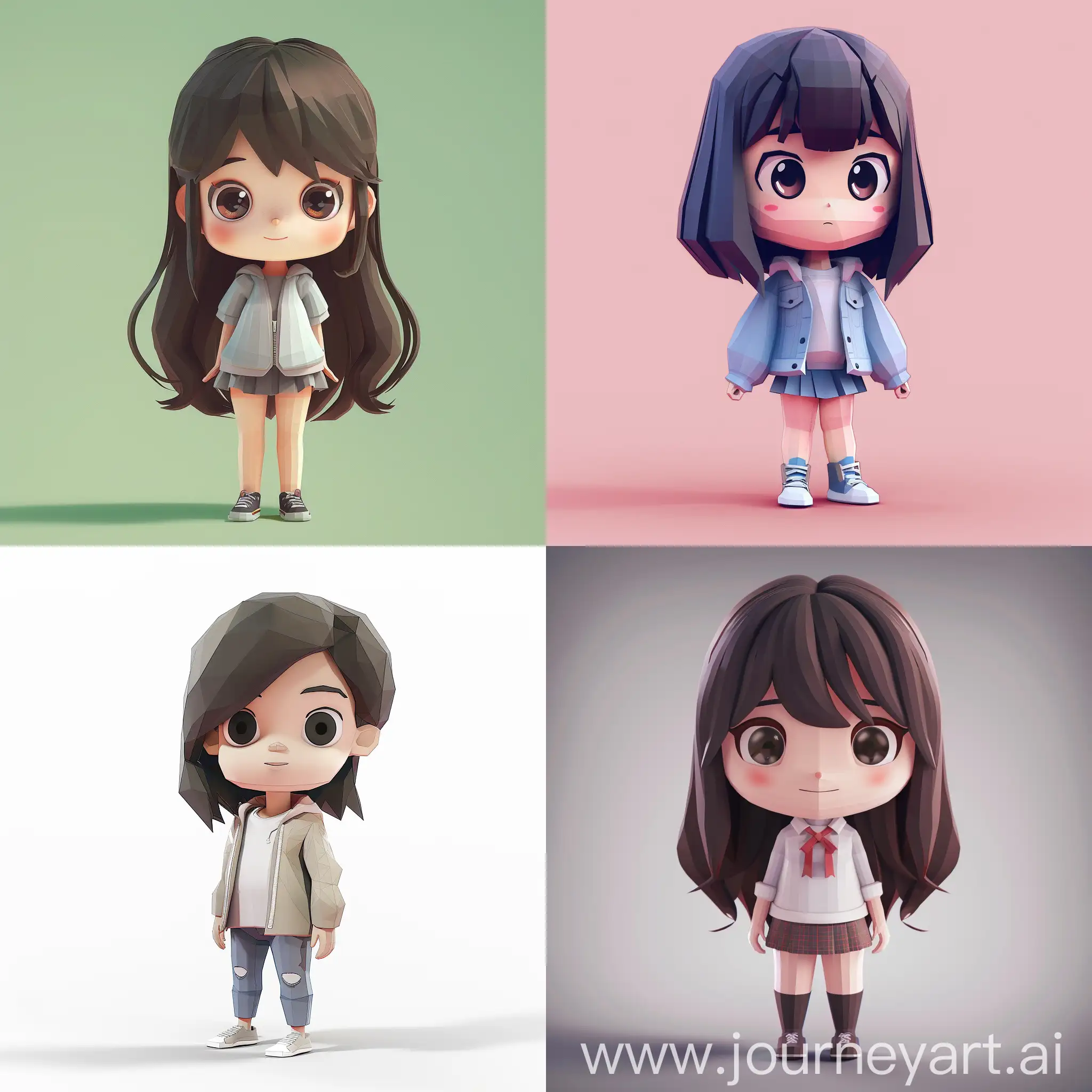 low poly, cute chibi girl character, from the front