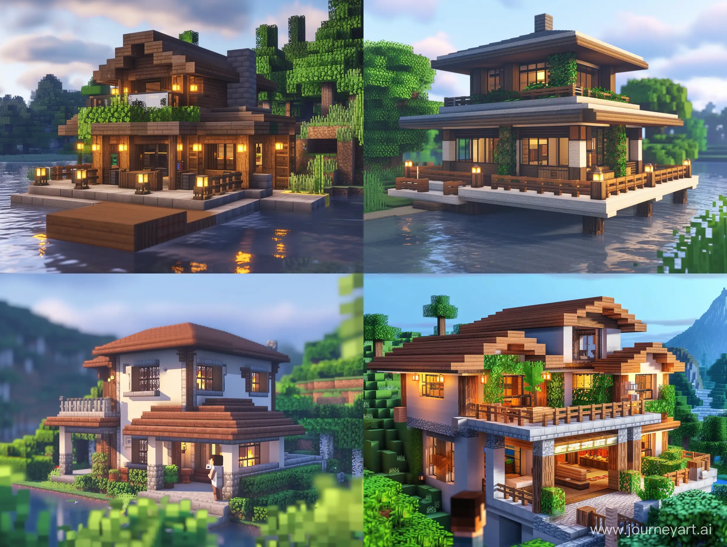 a peaceful 2 story house in minecraft gameplay, full view, day time, natural lighting, environment, architecture, nature, third person view, a man looking at a house,
