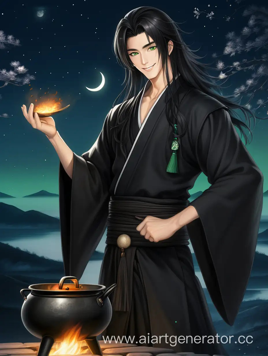 Smiling-Handsome-Idol-in-Black-Hanfu-Against-Night-Sky-with-Cauldron
