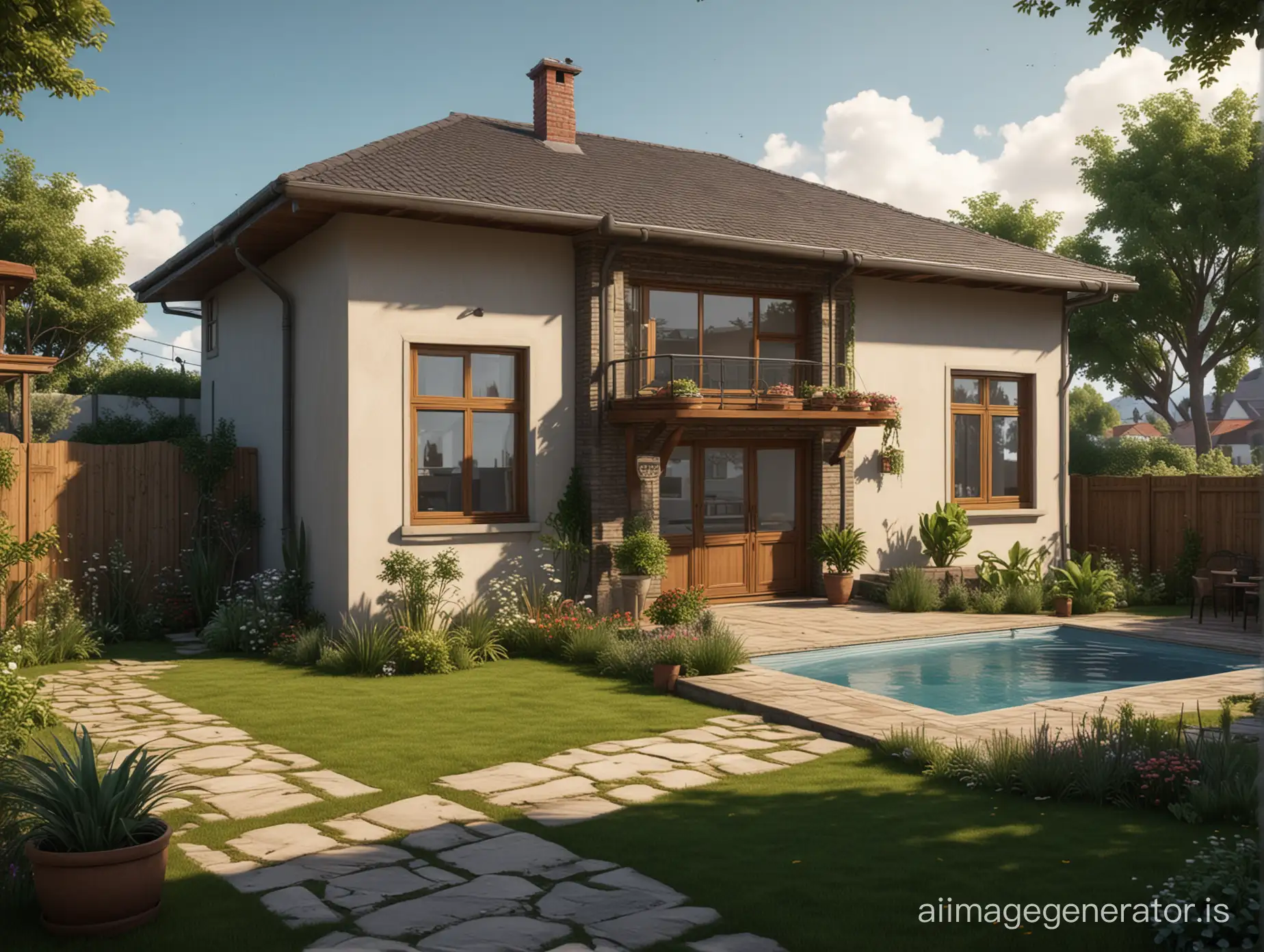 house backyard 2d , realistic animated, game art, beautiful, focal point, 3d render