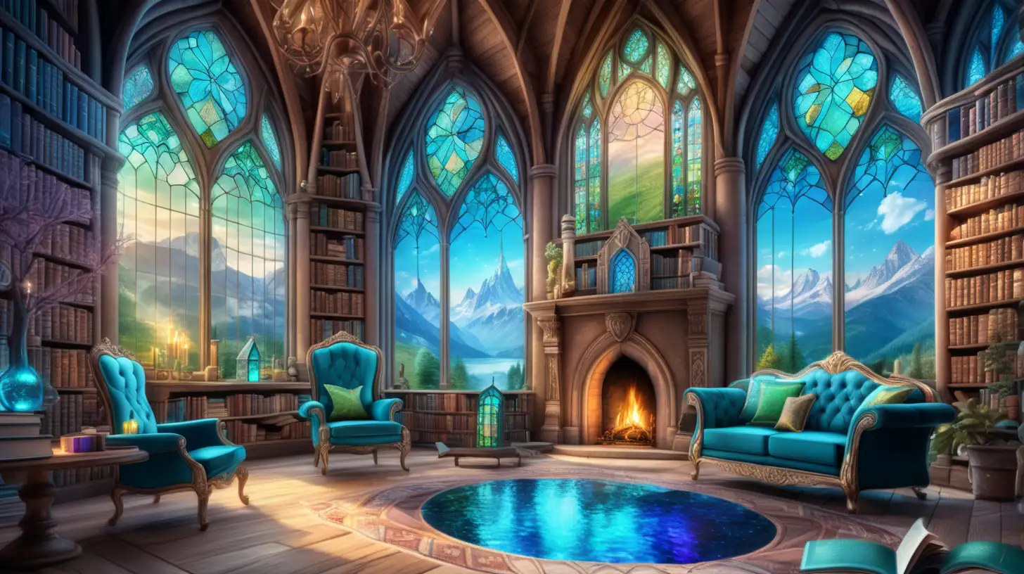 Enchanting Giant Library with Stained Glass Glowing Potions and Fairytale Castle
