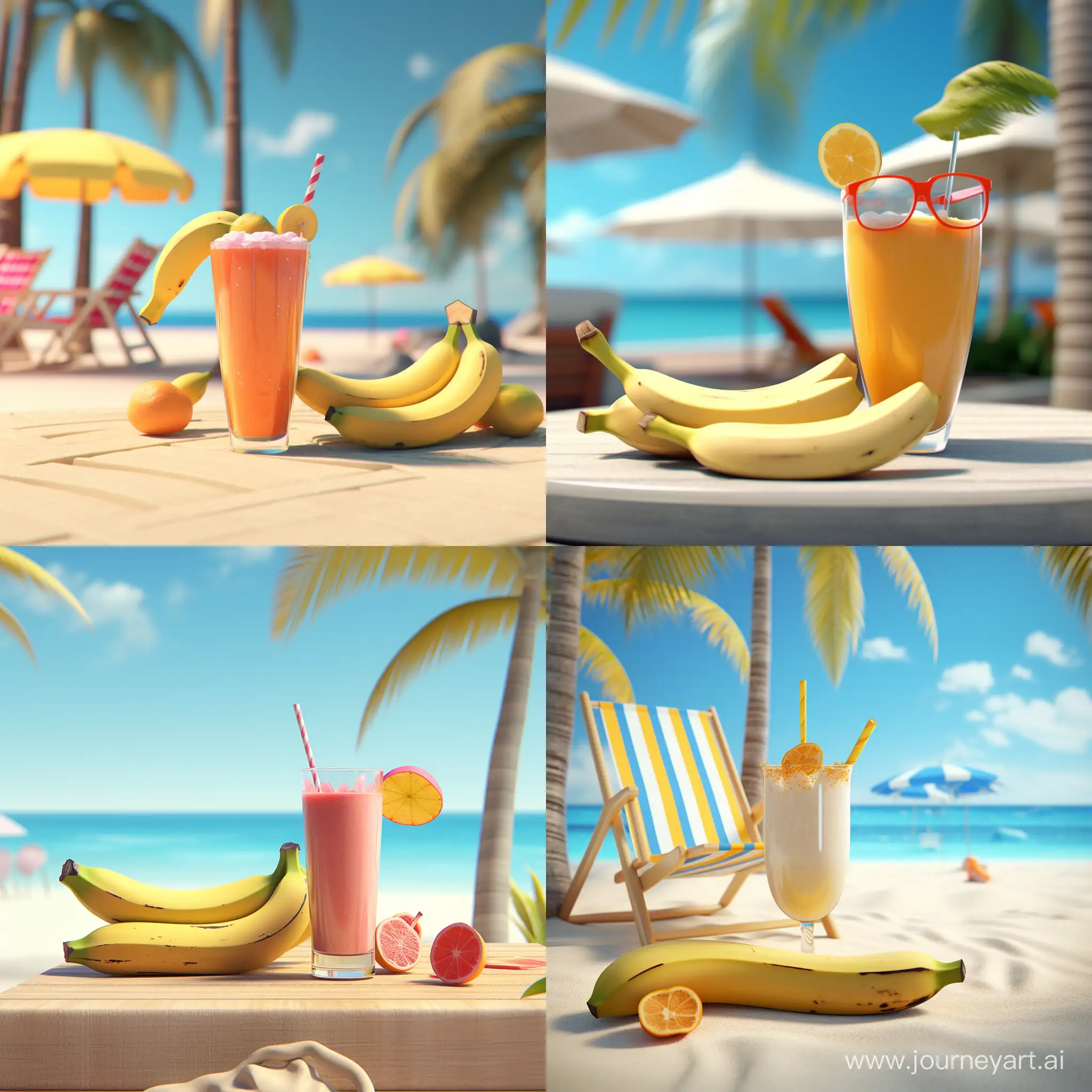 A cool banana relaxes on the beach and drinks a smoothie. 3D animation 