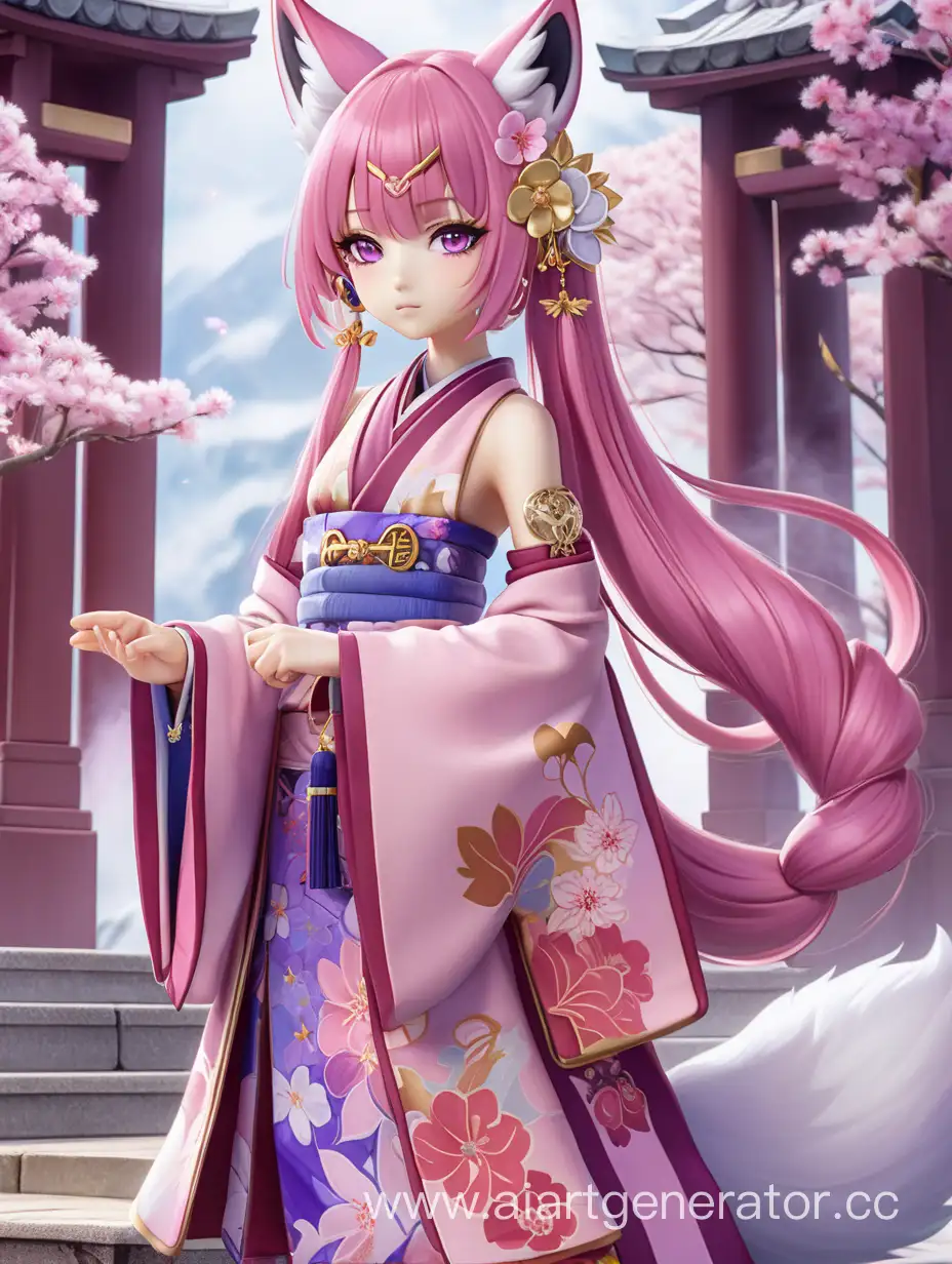 Yae Miko is very similar to Yae Sakura, who has long pink hair and purple eyes. She has her hair down in a low ponytail with a gold accessory at the back, and low pink fox ears with earrings that depict an Electric Vision. She is wearing a temple attendant's dress with a floral print and sandals.