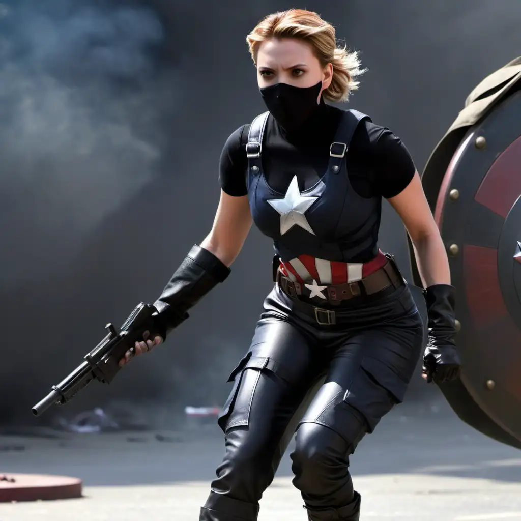 Scarlett johansson, with a black mask, that cover half face, lips also covered by the mask, dark eyes shadow, left arm made in metal, with a red star on the left shoulder, sleveless black training gear, in leather, cargo black pants, black combat boots, fighting against Captain America,  shooting at him