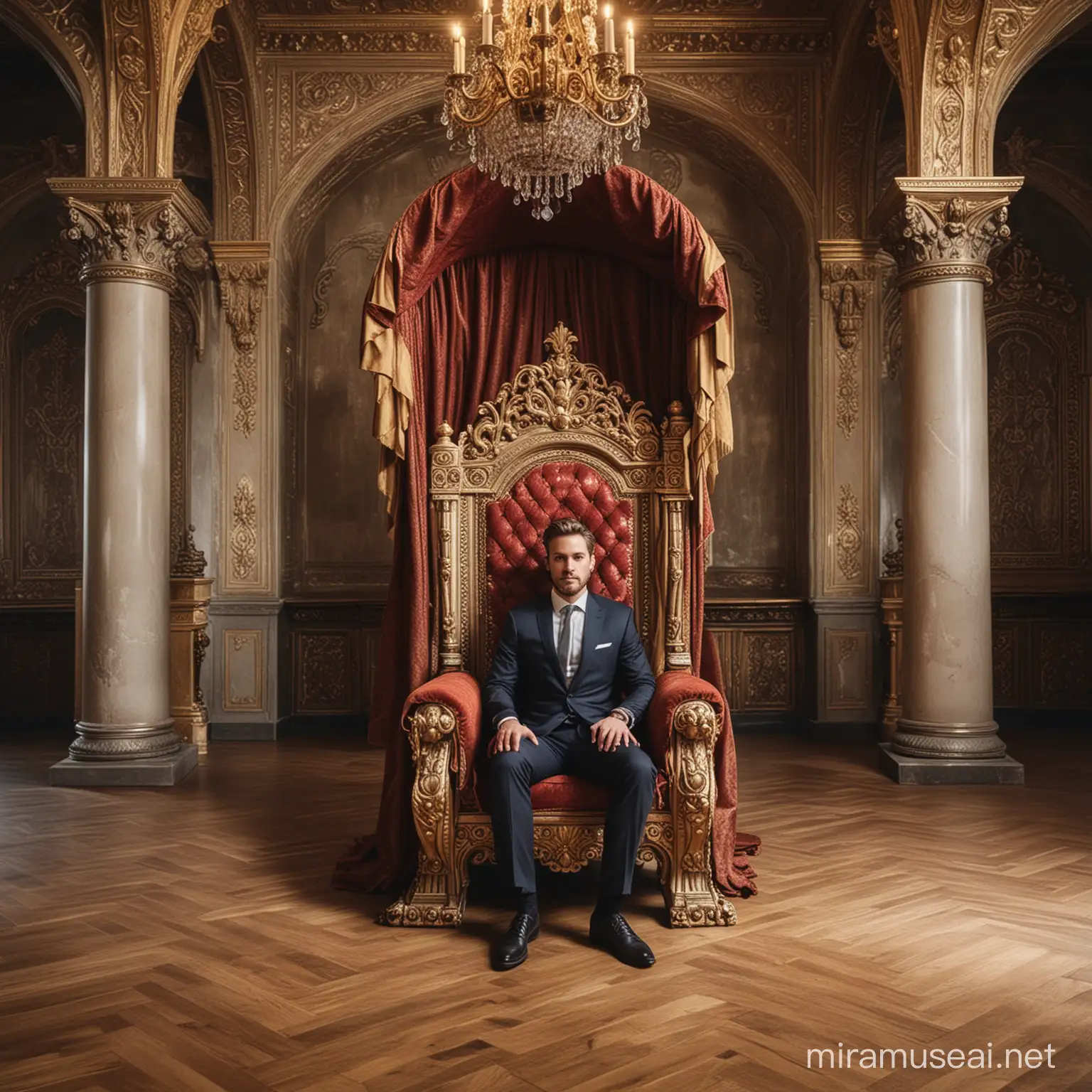Business Person Sitting on Ornate Royal Throne in Empty Room