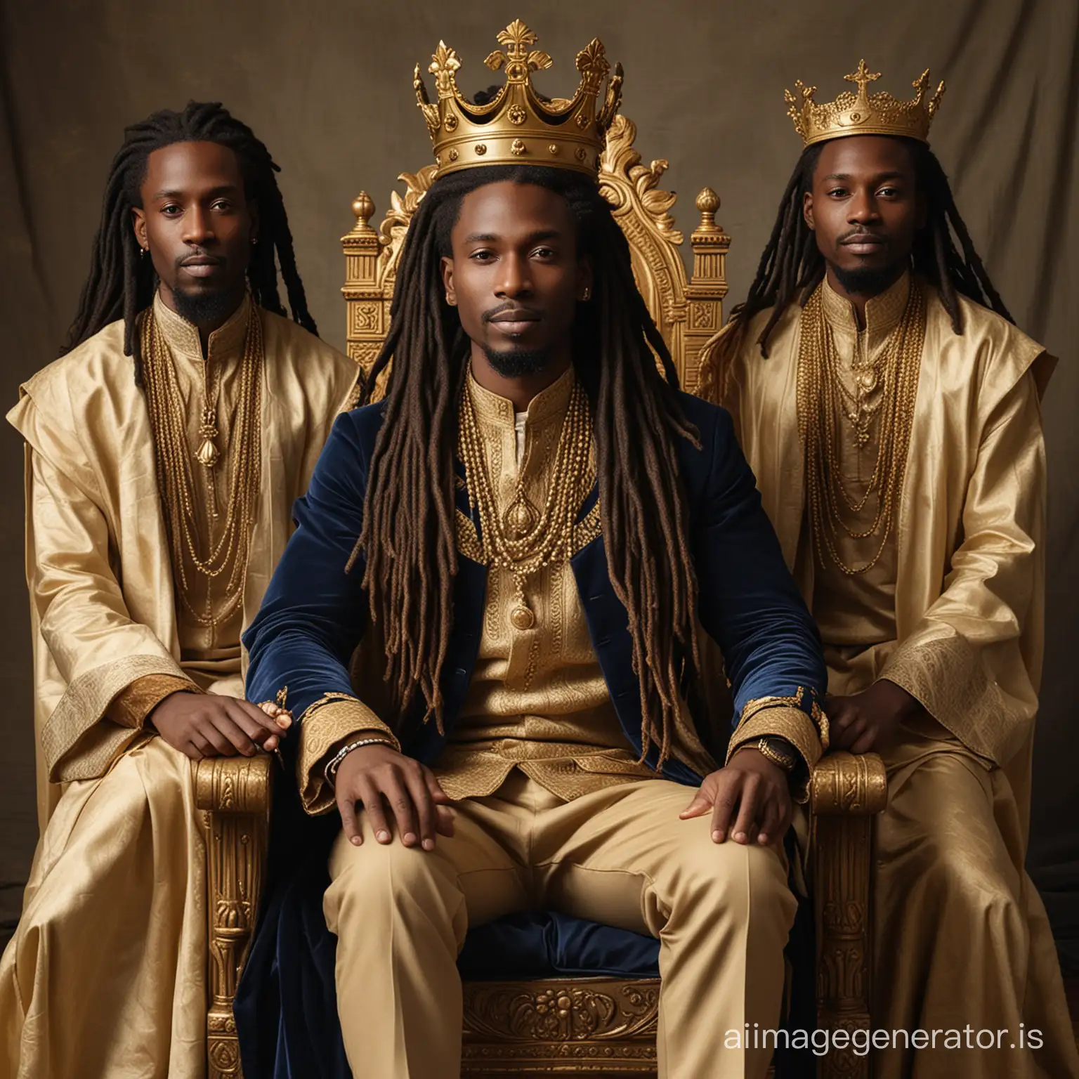 Create an image of a young African artist in his thirties with long dreadlocks, dressed in regal attire, sitting on a throne with a gold crown. Also, beside him are his two brothers, dressed in royal garments.