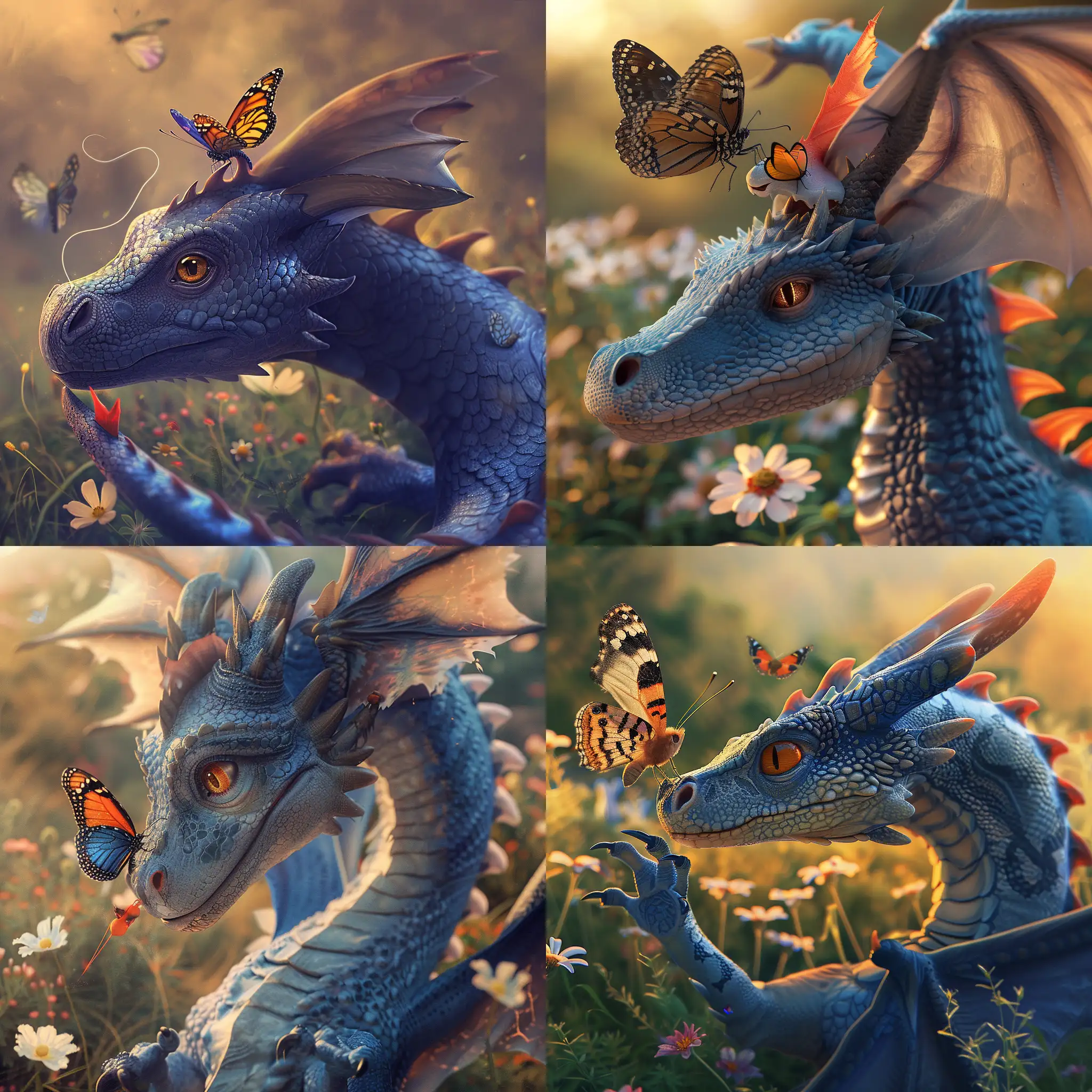 A large blue majestic dragon with a friendly face and warm brown eyes. It wings and outstretched on its tail has a red point at the end. Sitting on its nose is colourful butterfly. They are in a flowery meadow. Beautiful magical mysterious fantasy surreal highly detailed. Photographic 
