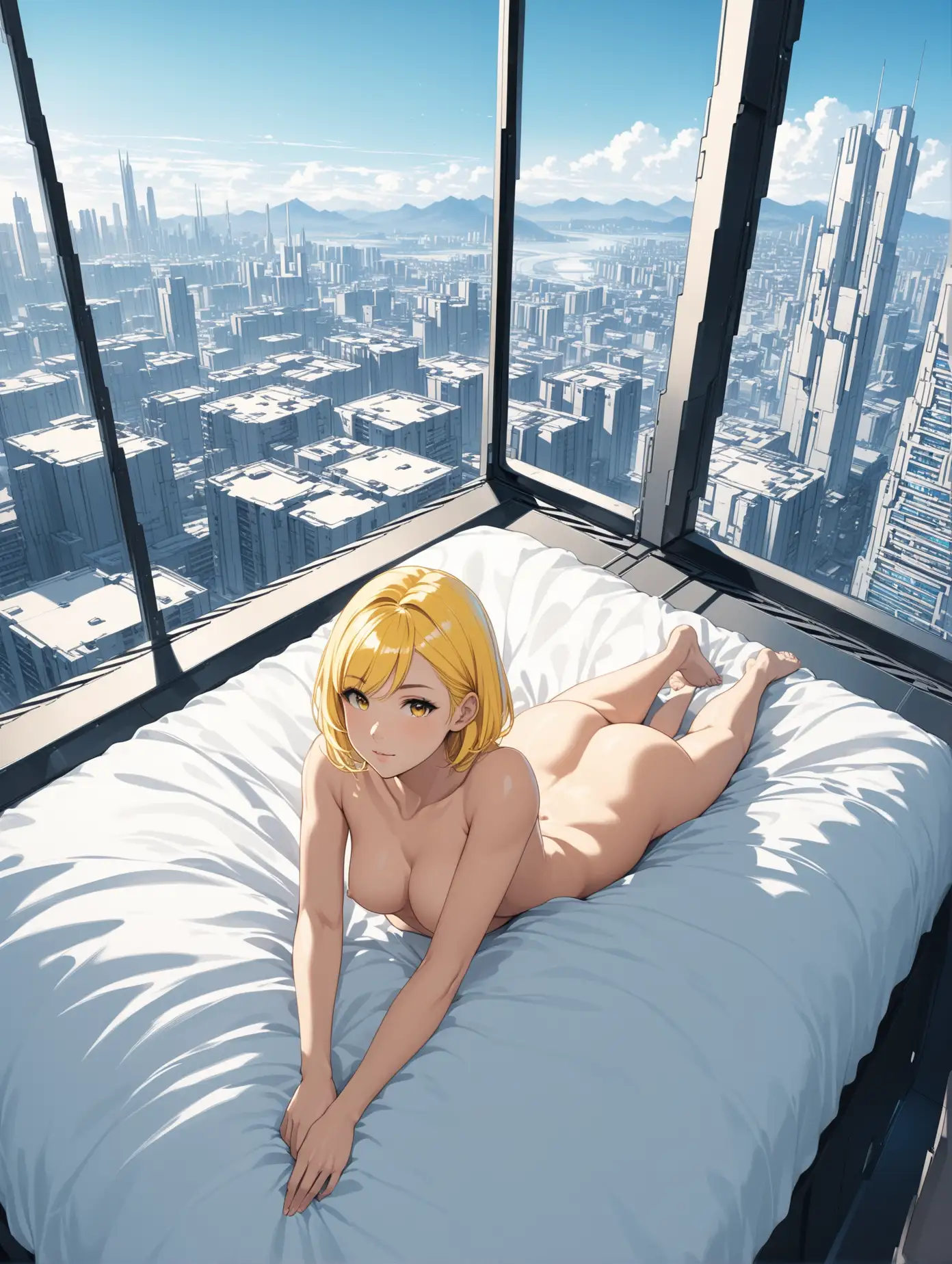 sexy fit 24 year old hero girl, short chin length yellow hair, laying in bed in futuristic apartment, naked medium breasts, sexy toned body, blue sky and futuristic town in background through window, view from above, yellow black white 3 color minimal design