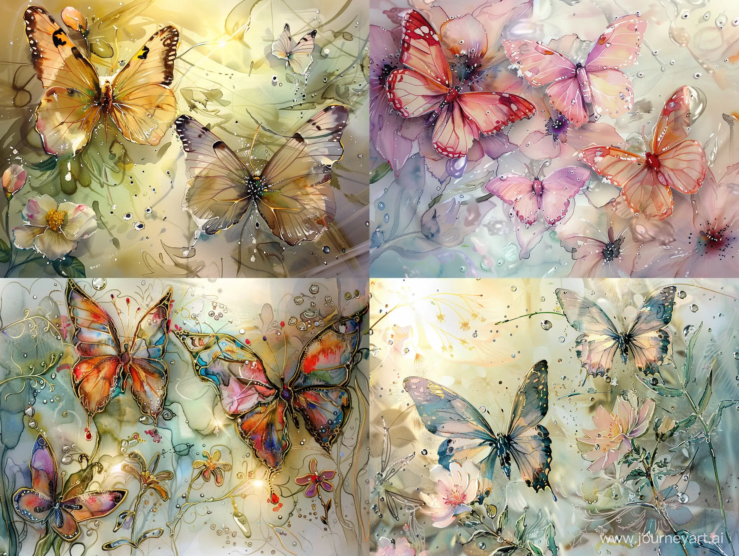 Butterflies and flowers, delicate fantasy voluminous multifaceted layered delicate pastel alcohol watercolor with detailing, glass transparency, gleams, sunbeams, splashing drips, drops, paints, dew --v 6 --ar 4:3 --no 51884