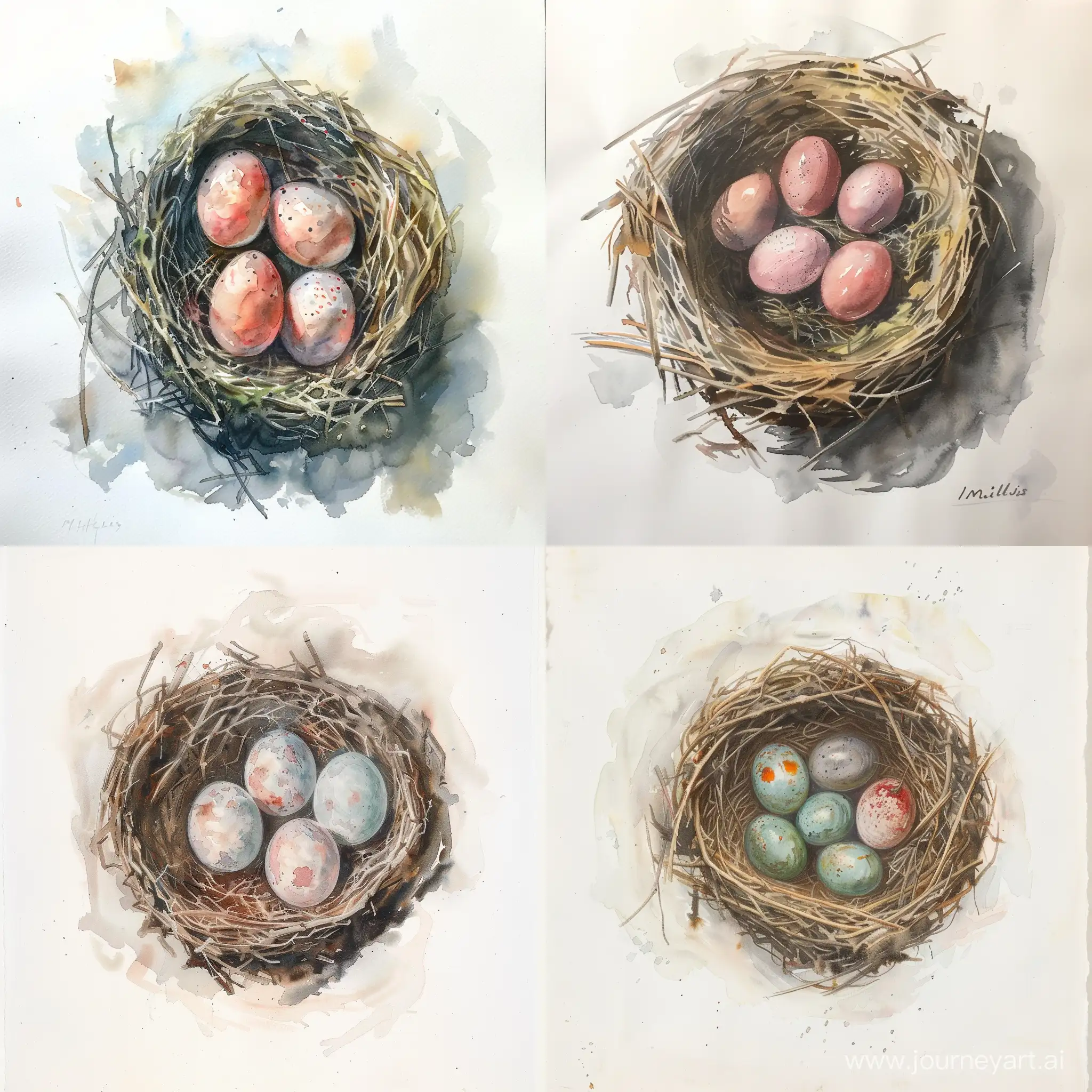 Nest-of-Five-Bird-Eggs-Classical-Watercolor-Painting-with-Rich-Colors