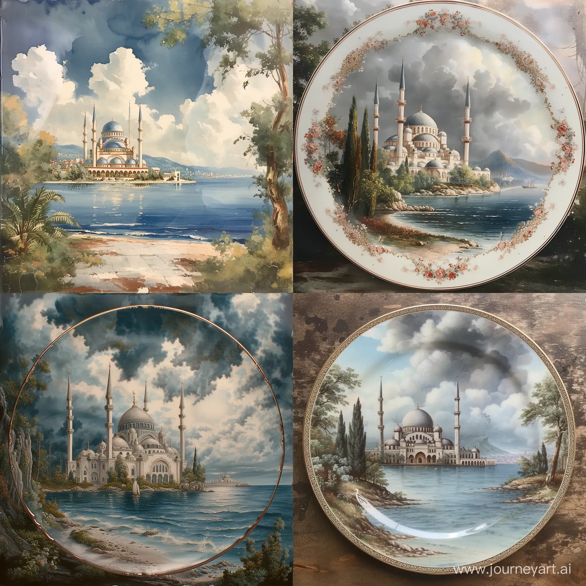Clouse view of a porcelain, depicting a beautiful mosque beyond sea under cloudy sky 