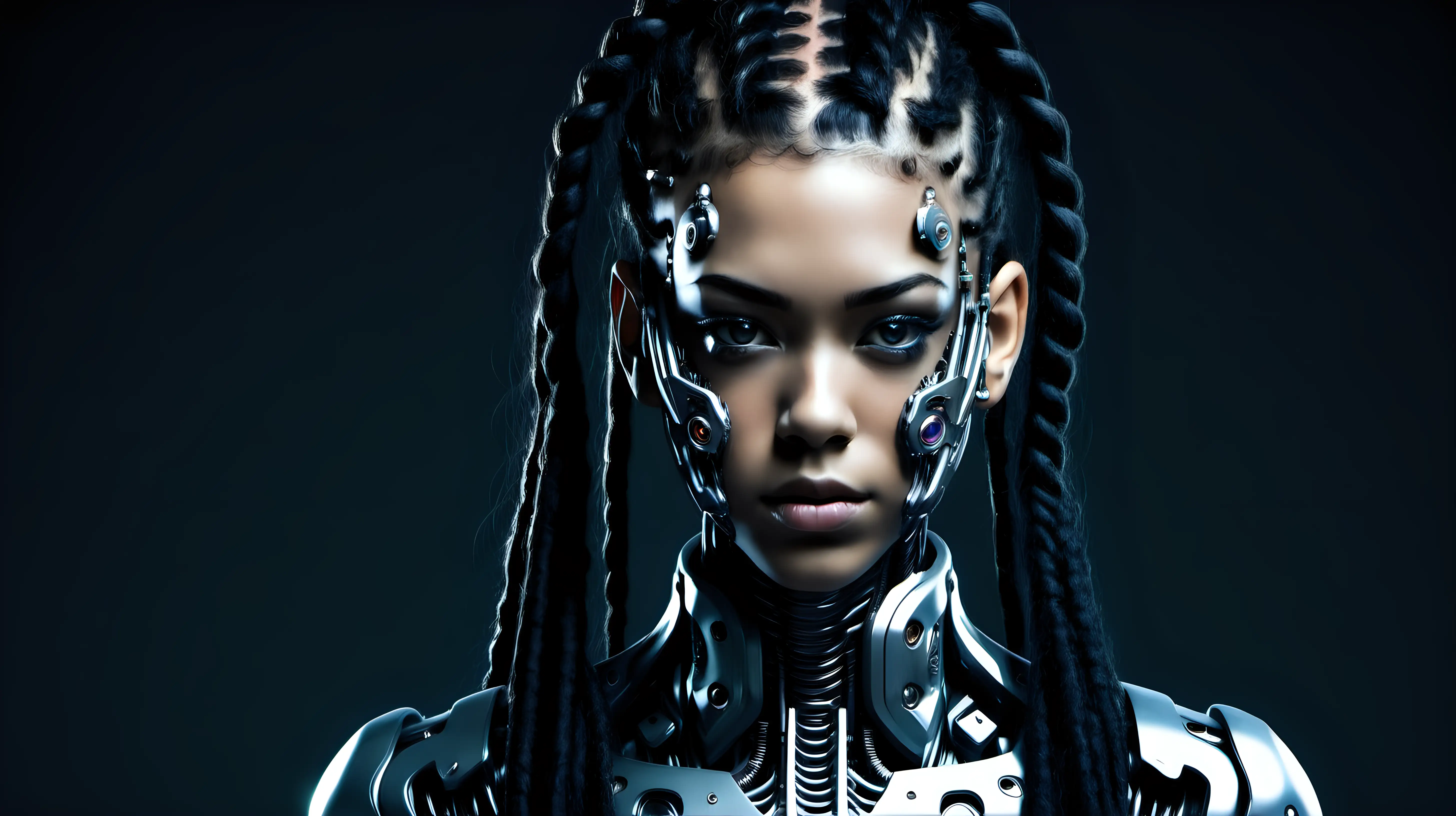 Cyborg woman, 18 years old. She has a cyborg face, but she is extremely beautiful.  Wild hair. Dark braids.
