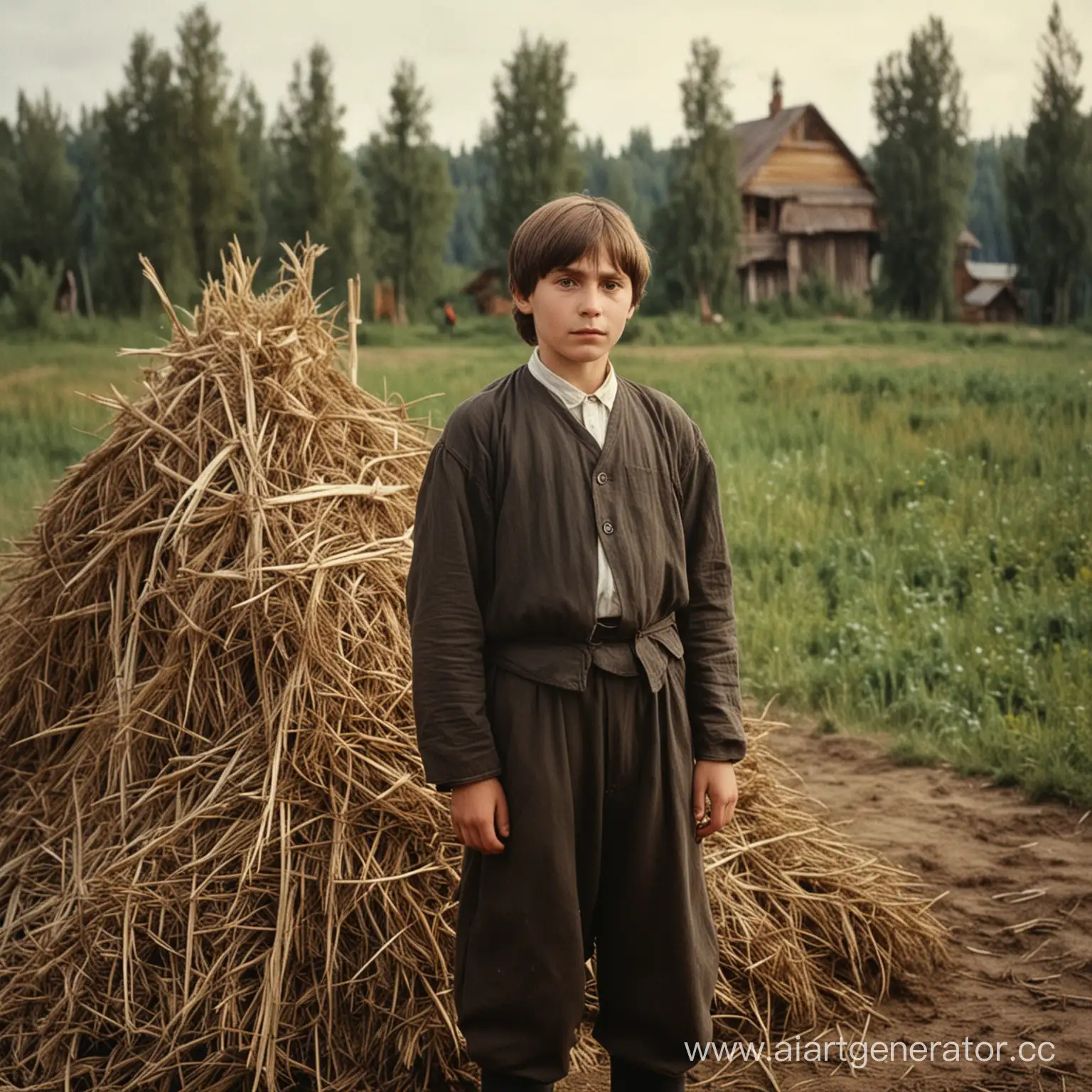 Григорий распутин в детстве (12 лет), в селе в поле с стогом сена и лесом
