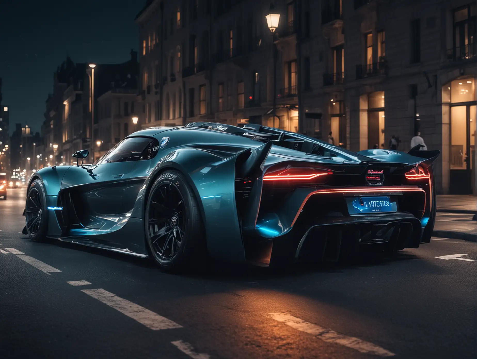 Create concept super cars from the future from bugatti bolide  driving in the city at night dark colours  more  monster tuning rear view 