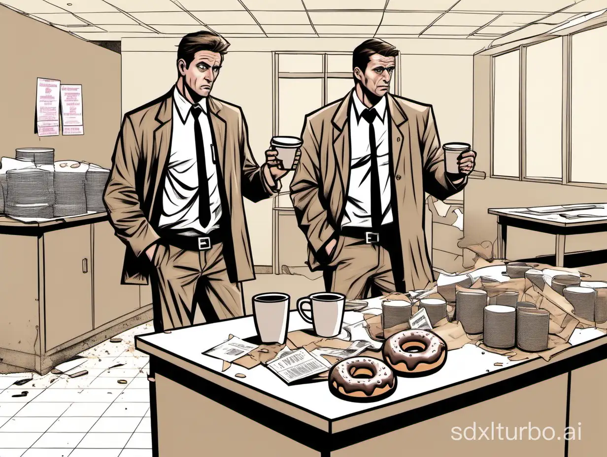 Two american male Detective standing in a break room with a messy table, empty coffee cups scattered around, and a lone doughnut box with one missing.