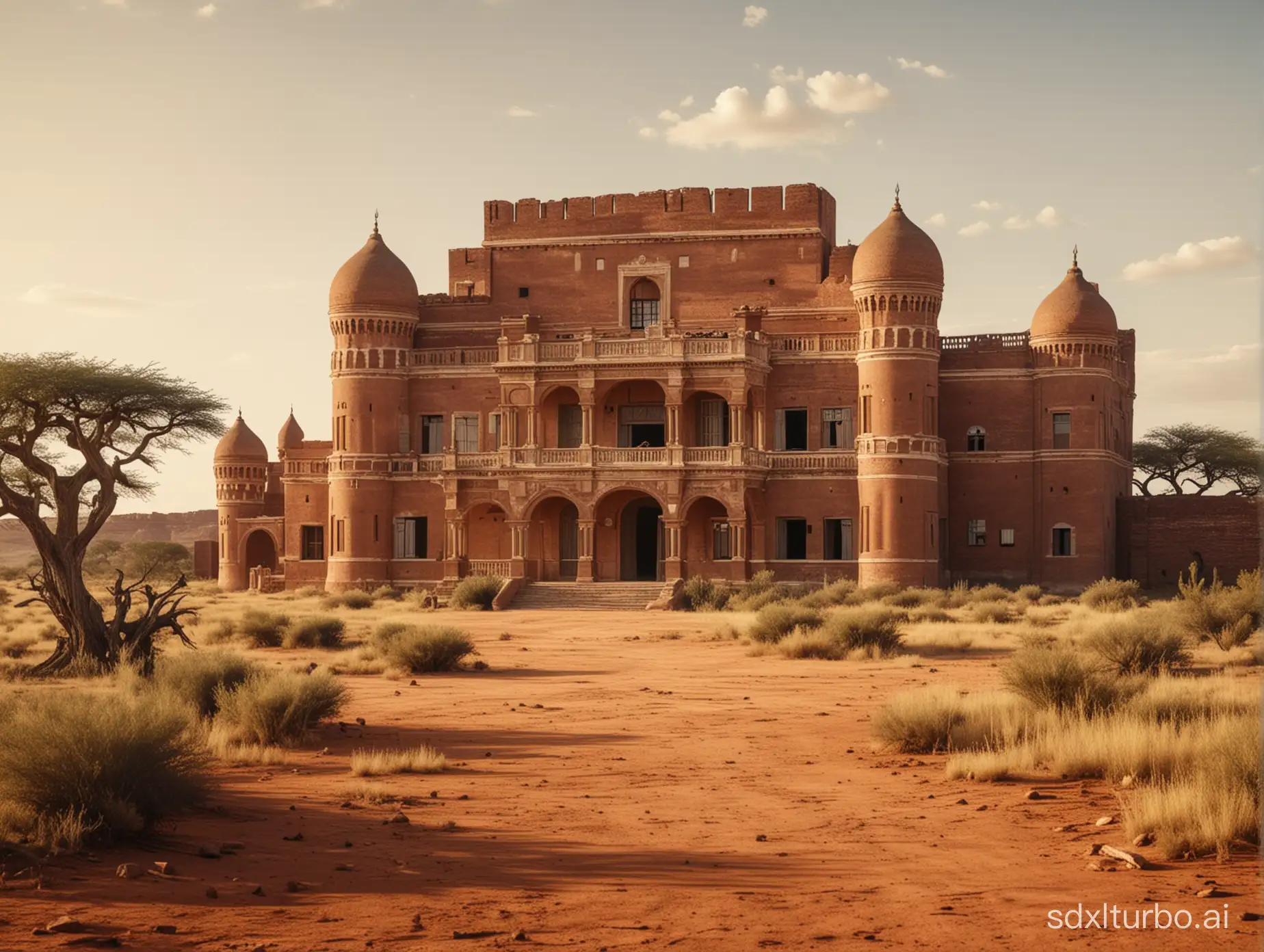 cinematic image of the Palace of Carondelet in the African plains