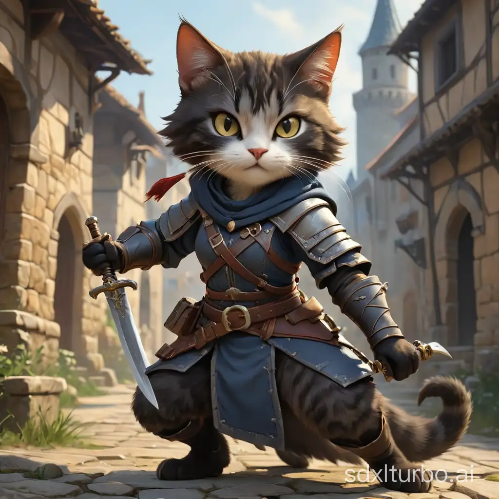 一位在中世纪的女猫刺客，持有短刀，游戏角色艺术