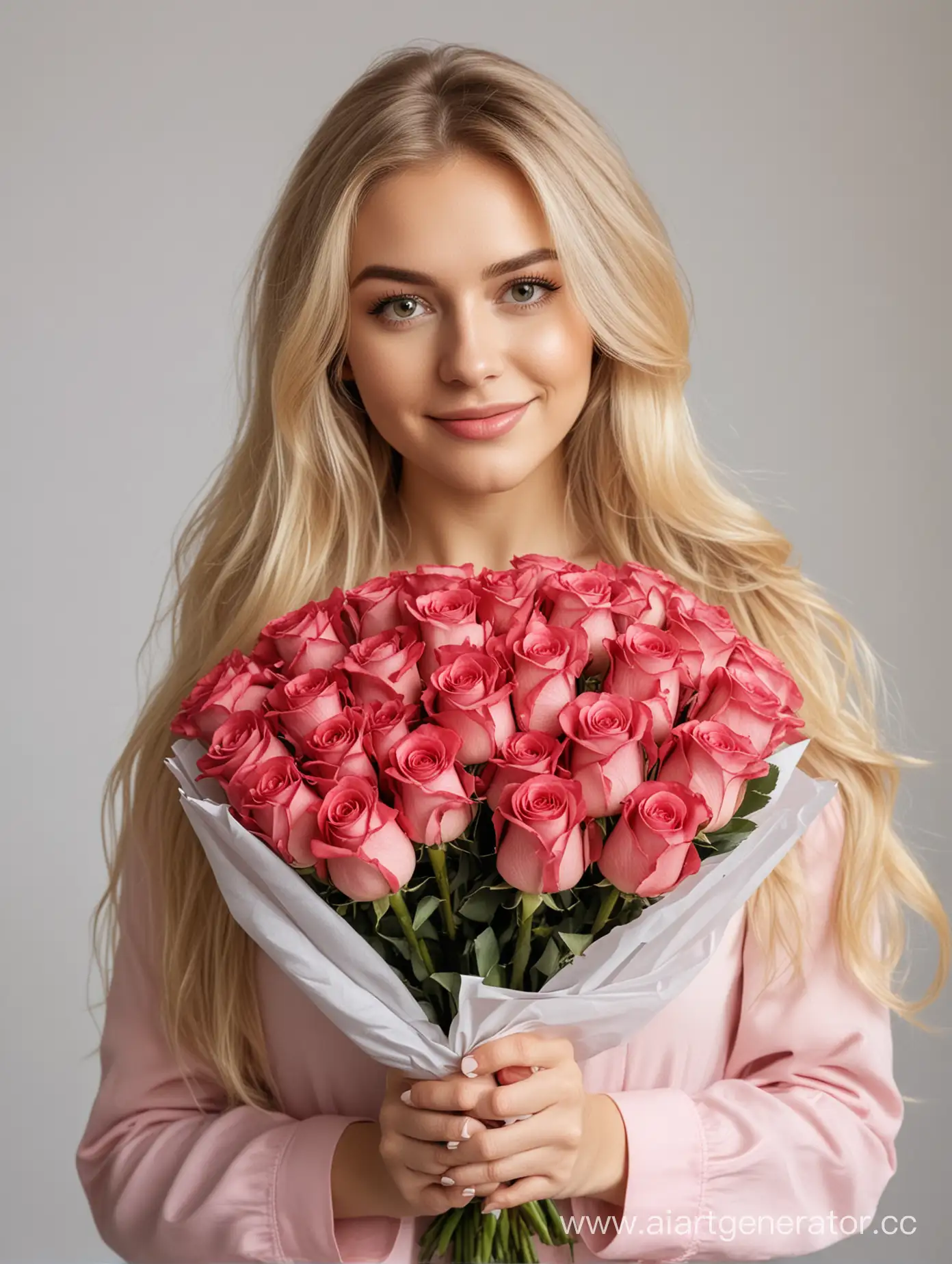 Blonde-Woman-Holding-Bouquet-of-50-Roses
