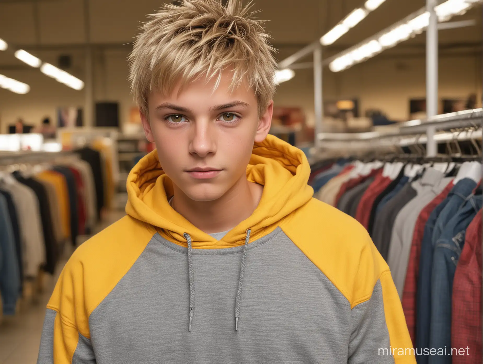 Wide view,blond Very handsome,,boy,boy,16 years old,(beautiful vivid ochre-Brown eyes with 3D light reflection),back,athletic figure,detailed hands And fingers,tanned,blonde hair,athlete,golden blonde short cut hair with spiky hair  , detailed skin and fine facial hair, wearing gray jeans, yellow hooded sweatshirt, slightly side view, standing between racks of textiles in a store