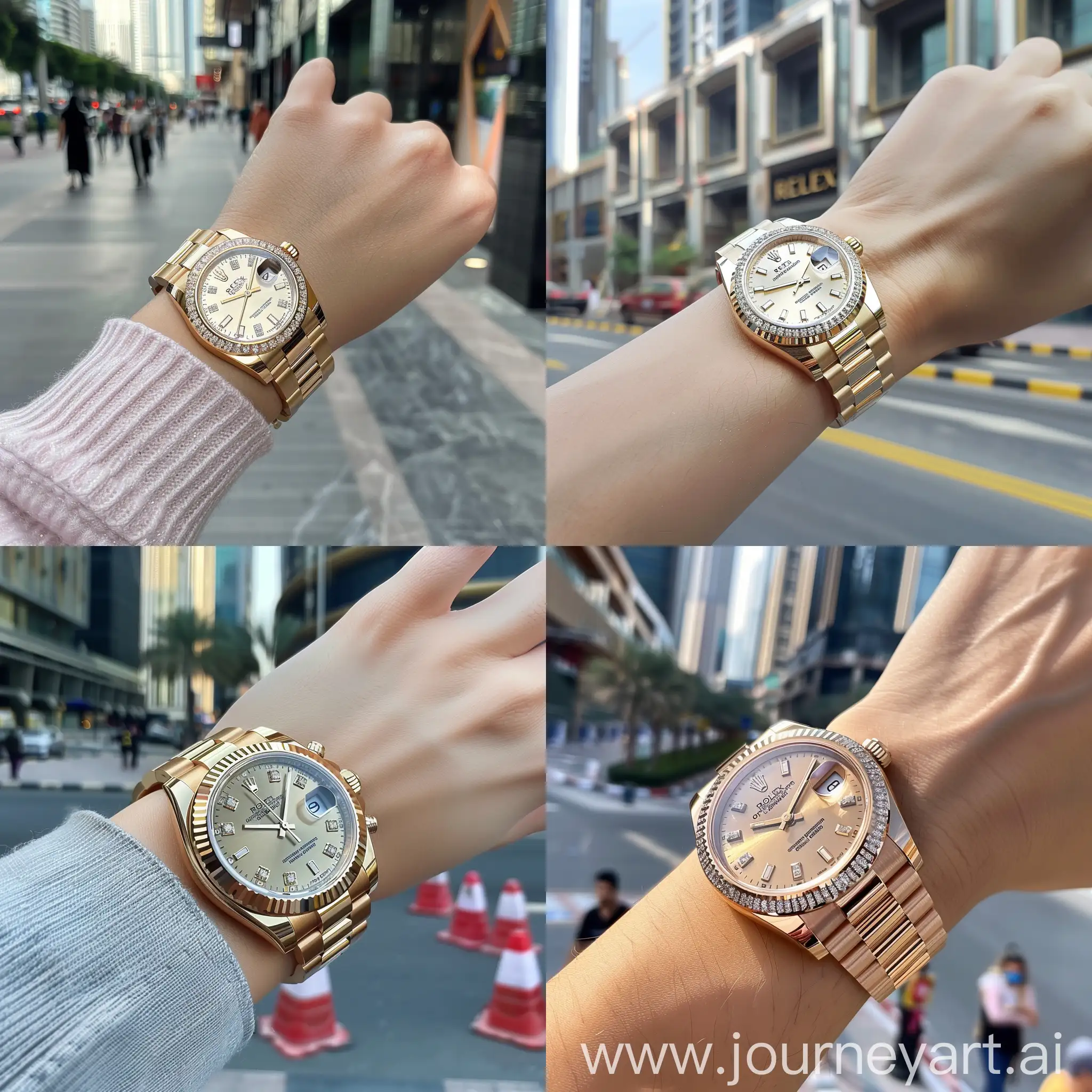 A girl hand wearing a gold day date rolex watch with diamond bazel in dubai downtown street with realistic lighting and texture