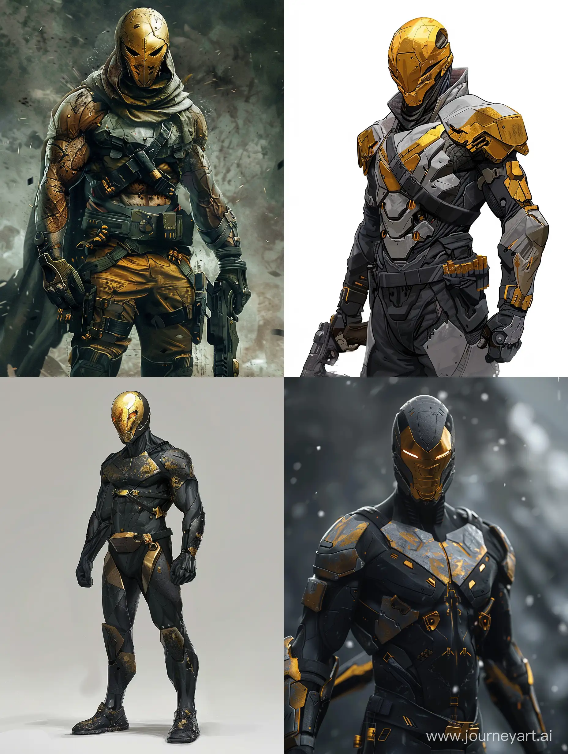 concept art, sci - fi male hunter full body character concept, gold mask, epic pose , insane detail