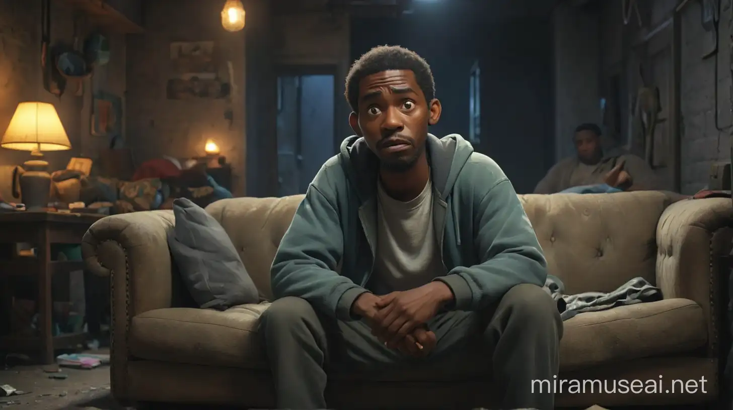 create an image of a very poor African -American  man  living in the ghetto in Compton California sitting on a couch  in the trap crack house and his friend is leaving out the door.
 illumination, Disney- Pixar style illustration 3-D Animation, 4k