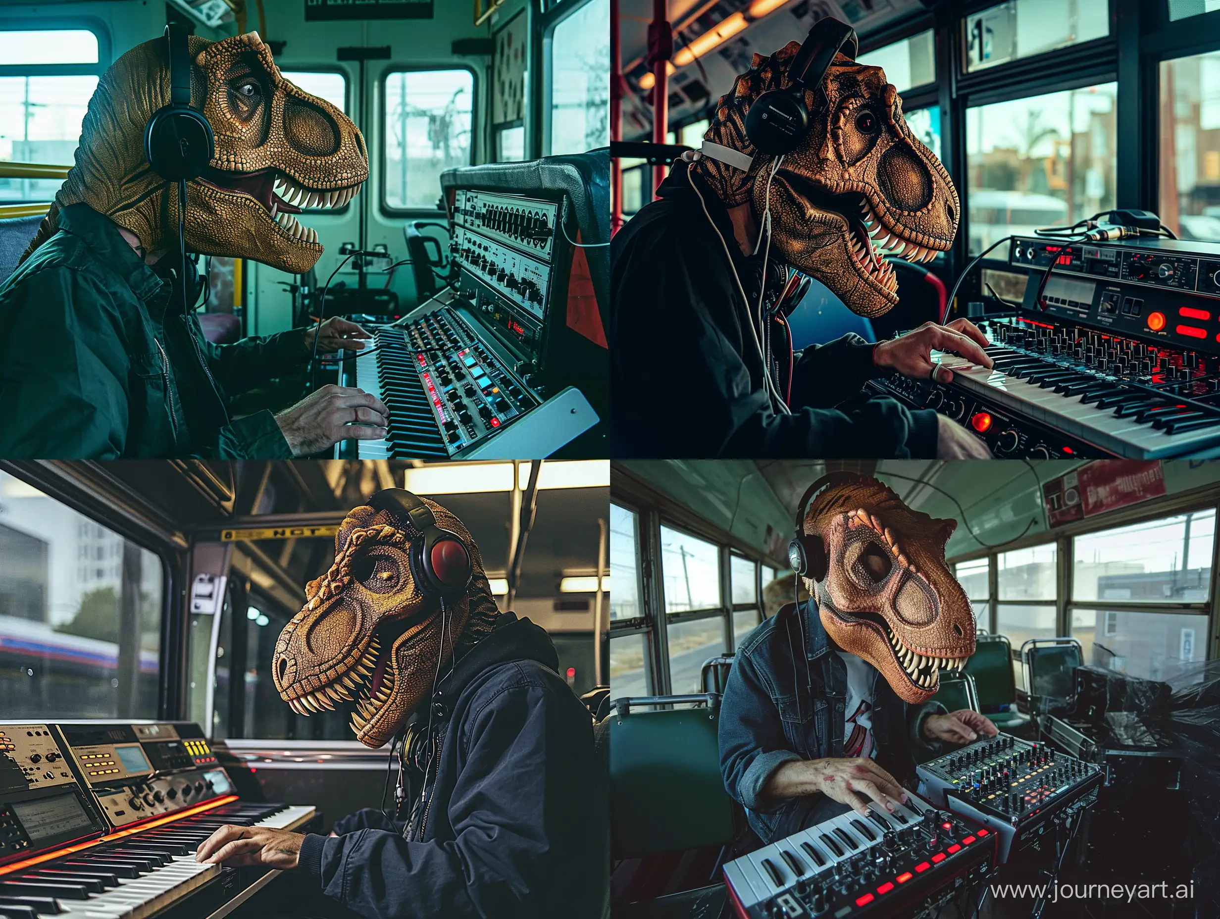 T-Rex mask man with human proportion body, headphones operating an Akai beat machine in a bus, gritty urban vibe inspire 90s detroit 8 Mile wide shot, Moviecam Compact Camera, Moviecam Superlight Camera and Zeiss Ultra Prime Lenses, Kurtis Hanson shot, dramatic and moody lighting, street photography style, man is in front perspective, 