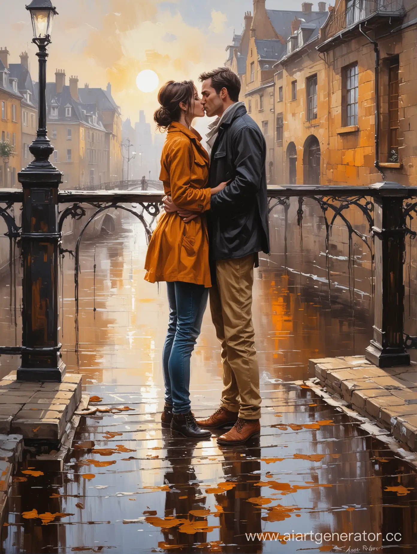 kissing lovers on the bridge acrylic painting by jonathan oshryvich, in the style of emerico imre toth, urban street art, walter langley, candid moments captured, willem haenraets, dark amber and white, romantic manga —ar 85:128
