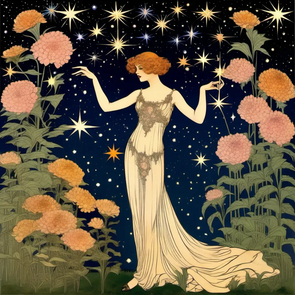 beautiful elegant woman standing in a garden with flowers and stars, Luis ricardo Falero, Leonor Fini, Georges Barbier, Gustave Klimt style 
