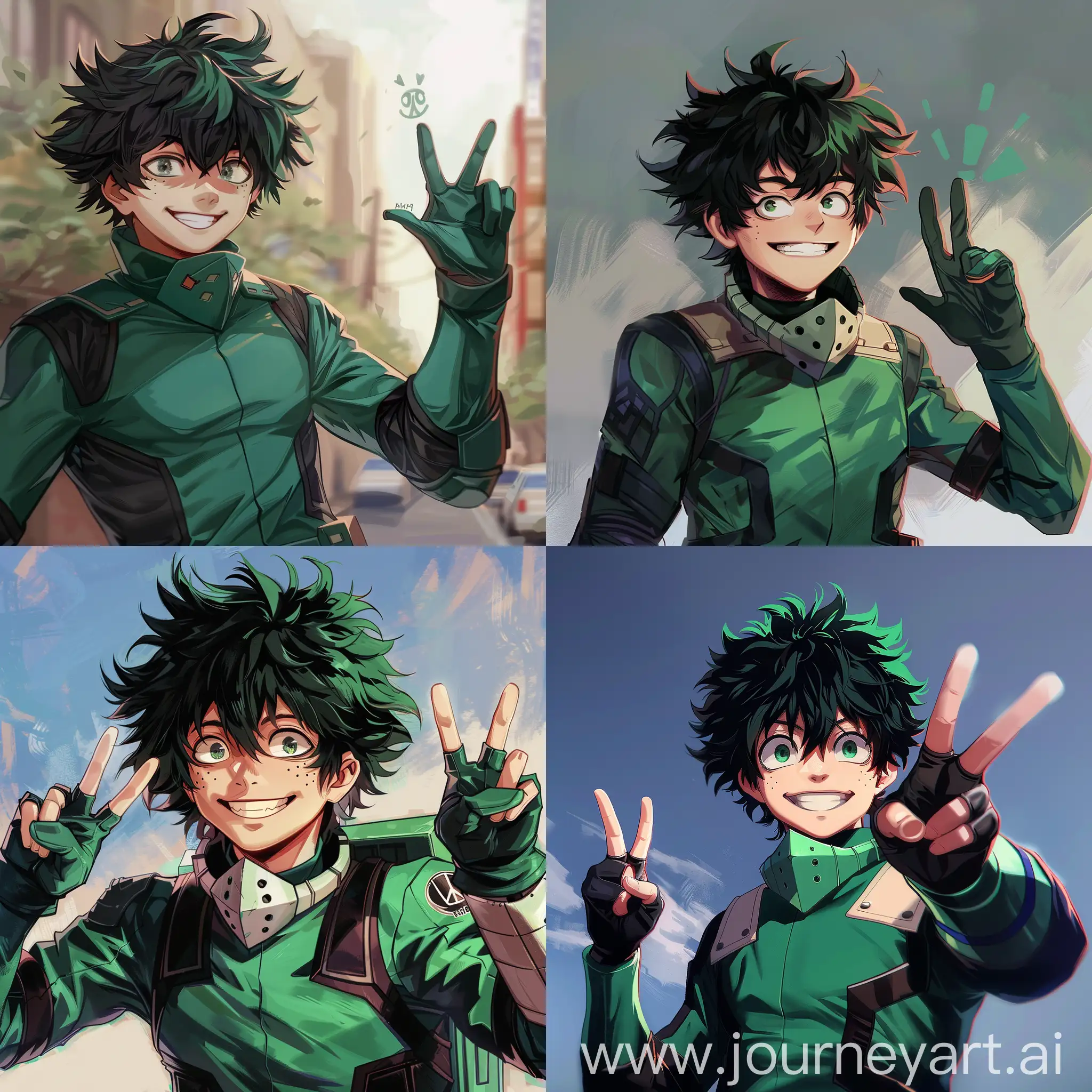 Deku from MHA , black hairs , wearing his green costume , passing a smile and a peace sign , aesthetic background , 32k, uhd, japanese anime art style 