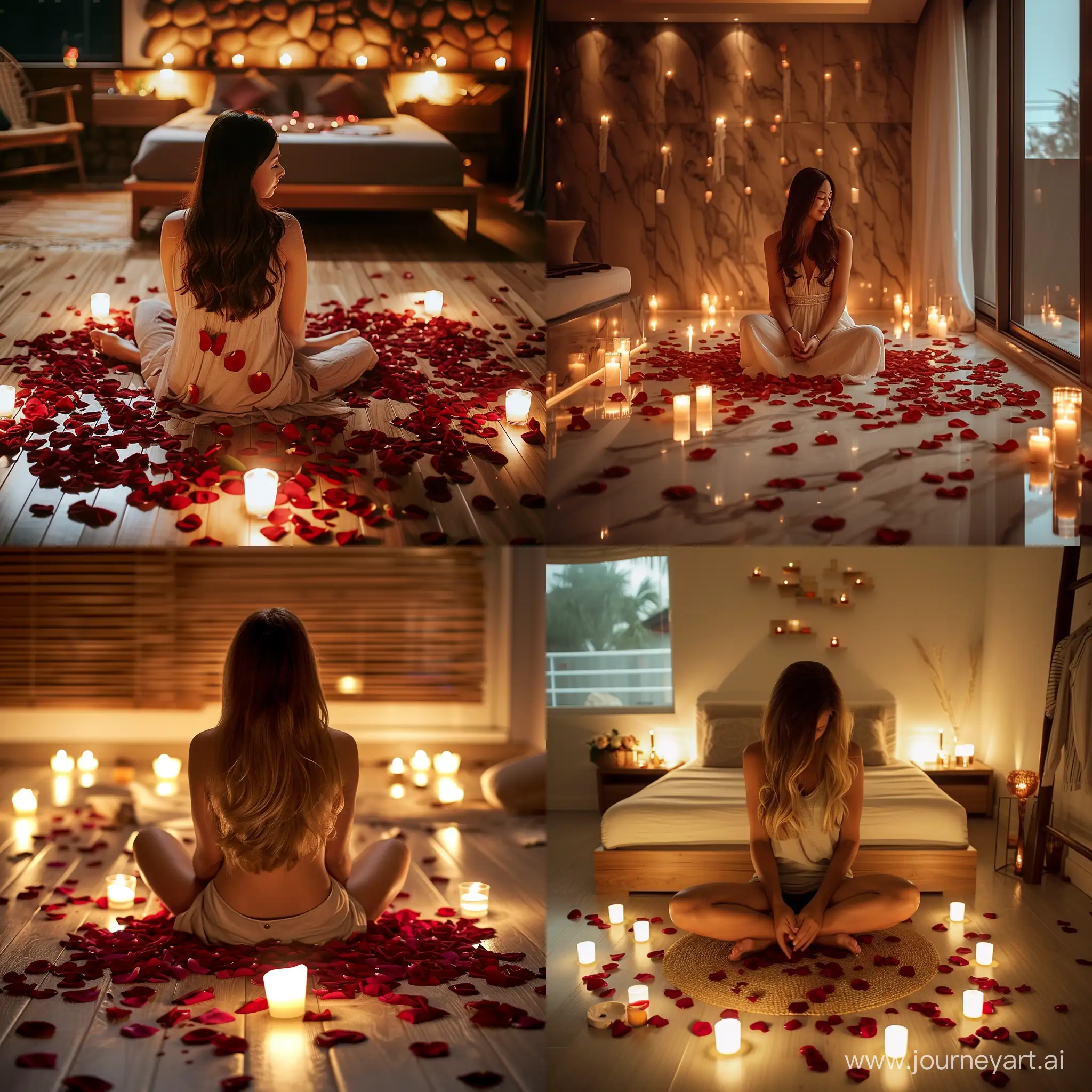 Intimate-Romantic-Setting-Girl-Surrounded-by-Rose-Petals-and-Candlelight