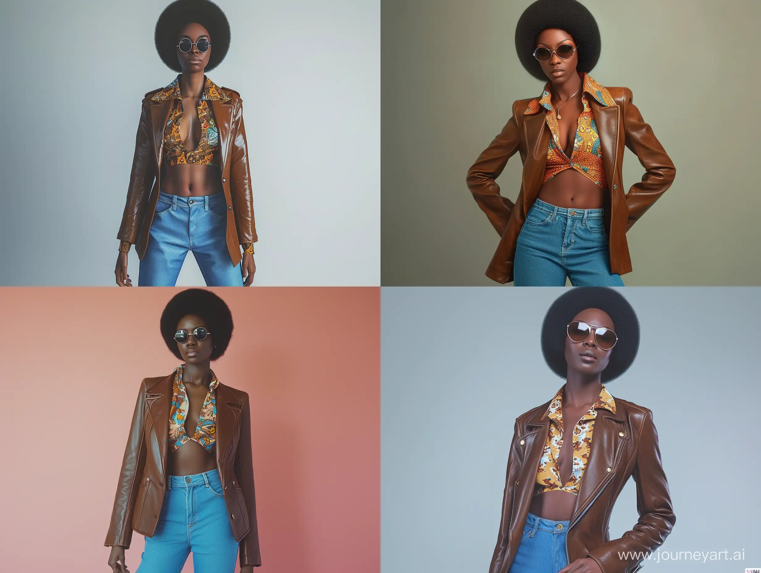 Photorealism, Retro, 1970s, America, Woman, African American, Femininity, Slim Body, Black Hair, Short Afro, Sunglasses, Brown Leather Blazer, Printed Polyester Shirt, Cleavage, Long Sleeves, Blue Flared Jeans