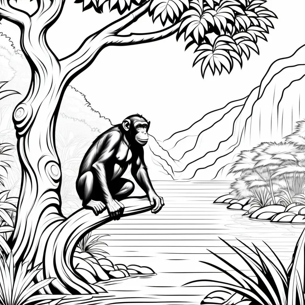 Coloring page for kids, Chimpanzee (or other primates)on a tree in the Garden of Eden close to a water body, clean line art