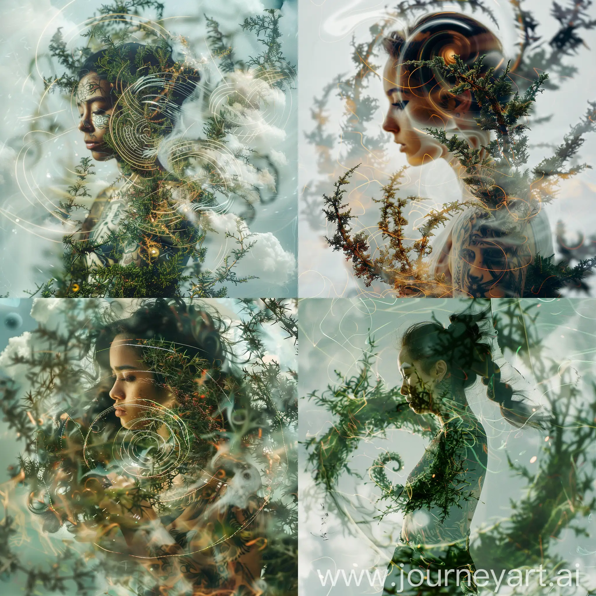 Intricate abstraction of thorny greenery, cloud spirals, tattoos and a girl in an unusual pose, fractal of smoke and light, holography, long exposure, double exposure, motion blur, glitch effect, traces of movement, UV lighting, DoF, double exposure, modern, macro, ICM, 128k