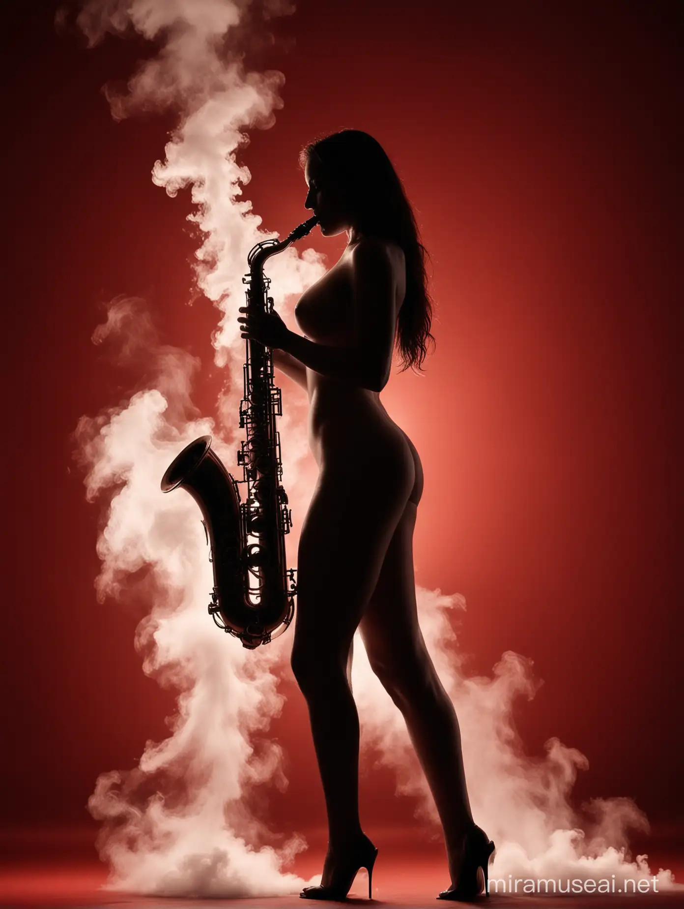 dark silhouette of nude attractive woman playing the saxophone on dark red backround. Around shape woman is white steam.
 