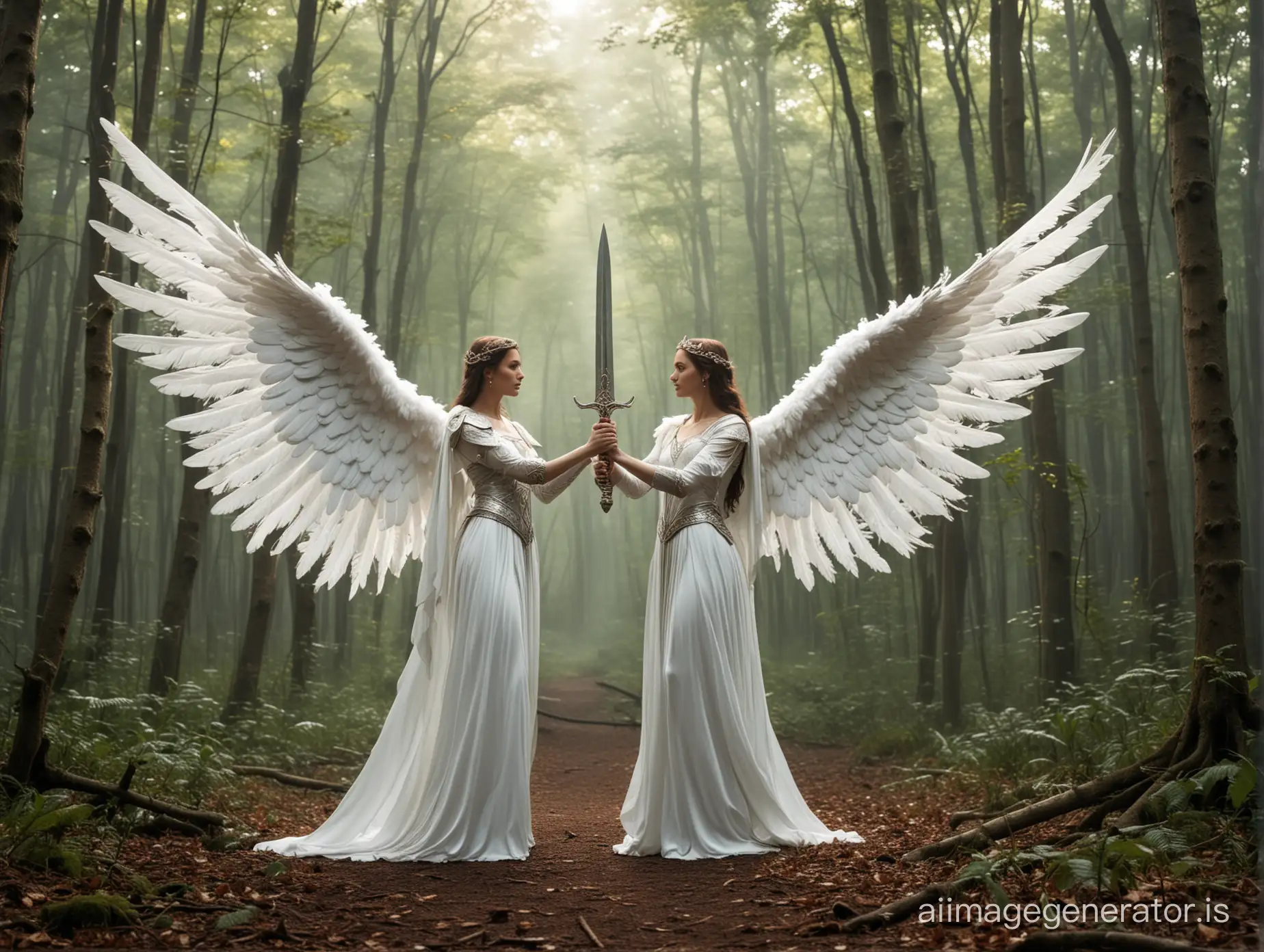New task, against the backdrop of a bright forest, a battle takes place between a woman of the forest (Tzai is not an angel, she resembles more a woodland fairy but without wings.) AGAINST an angel woman (this woman is an angel with large white wings). (THESE ARE TWO DIFFERENT WOMEN) The woman of the forest holds a woodland scepter, and the angel woman a sword. The moment I want to capture is when the sword and scepter clash and sparks begin to fly from them.