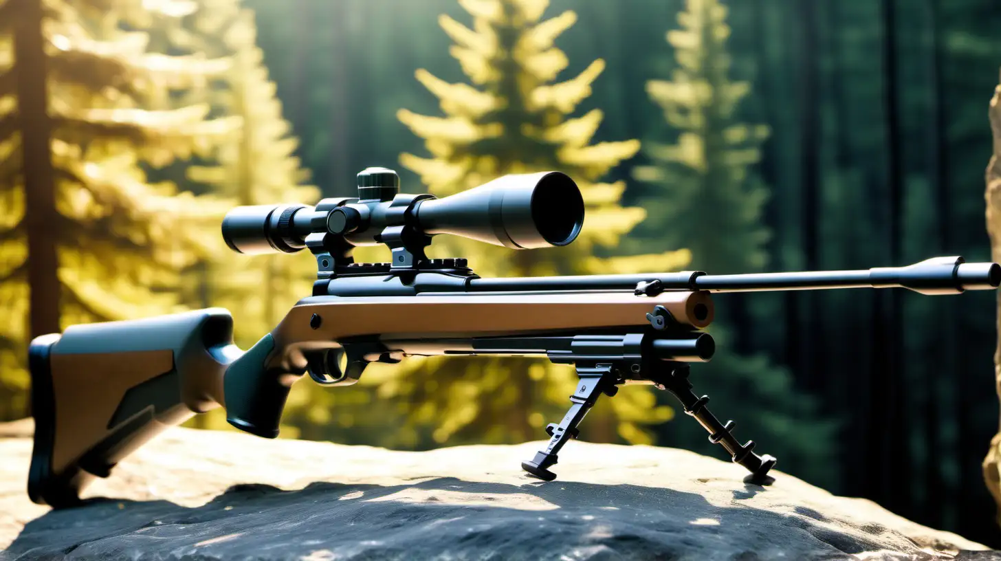 air rifle on rock in forest on an angle, sunny background