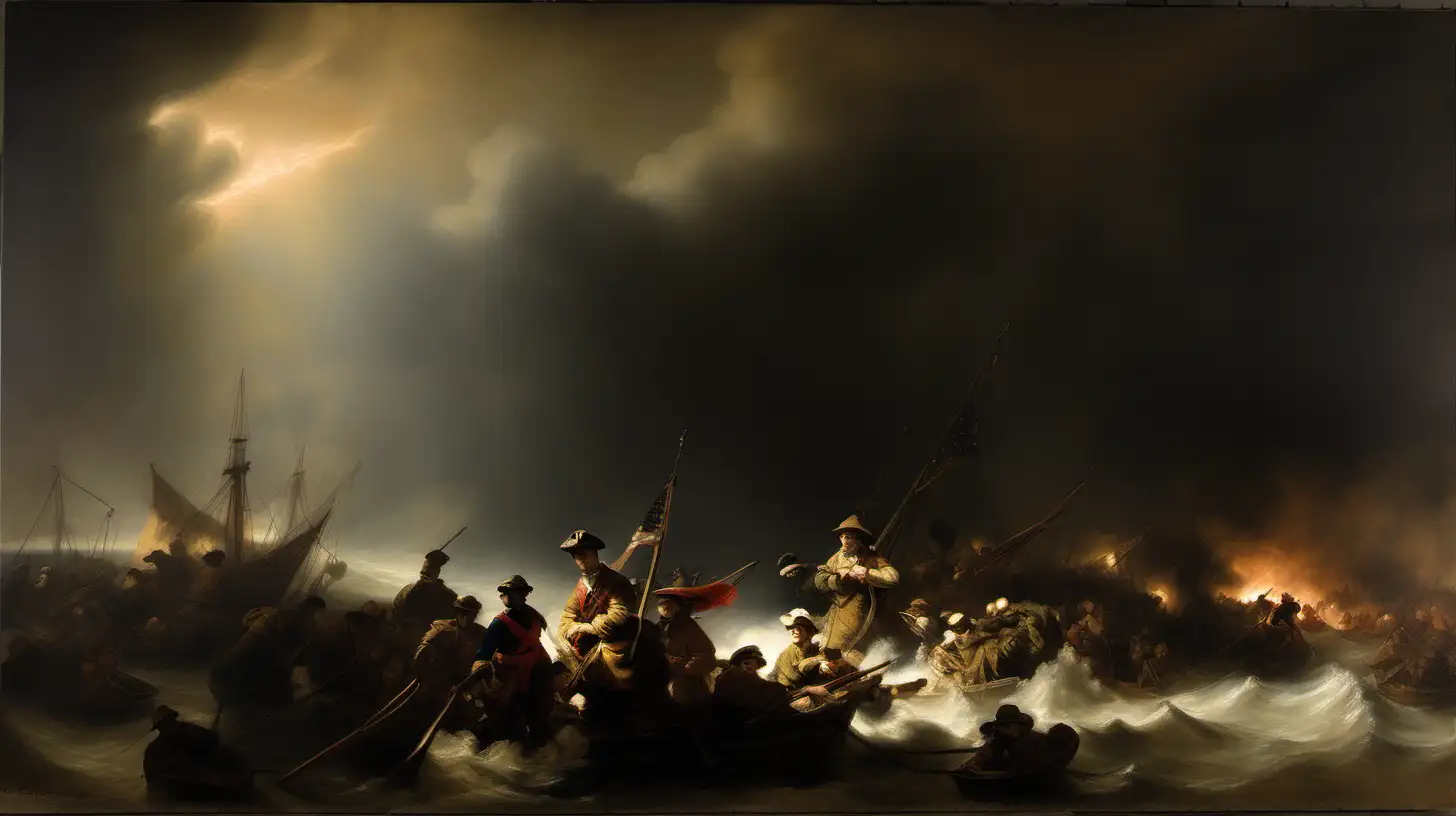 painting that will show scene from World War 2 in a Rembrandt style. Dramatic use of light and shadow, a technique known as chiaroscuro. This creates a striking contrast between light and dark areas, often highlighting the focal point of the painting. His compositions often convey deep emotional or narrative intensity. Rembrandt's color palette is typically rich but subdued, featuring earthy tones and warm colors. His brushwork is renowned for its expressiveness and texture, ranging from smooth and finely detailed in areas of focus to more loose and impressionistic in other parts.
