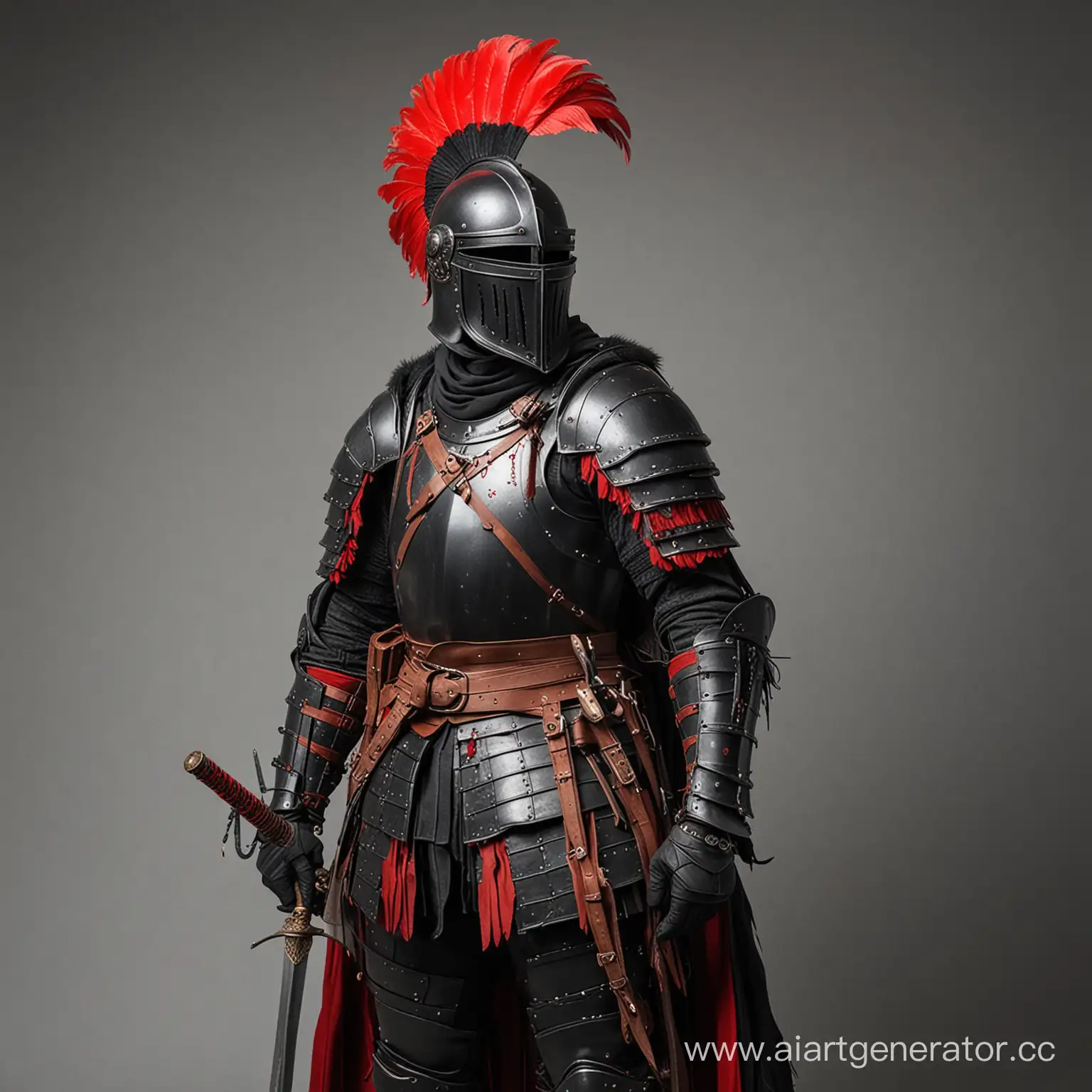Рыцарь в черных доспехах, с закрытым черным шлемом на вершине которого закреплено длинное красное перо. На спине находится длинный меч в ножнах. На поясе находится несколько подсумков.