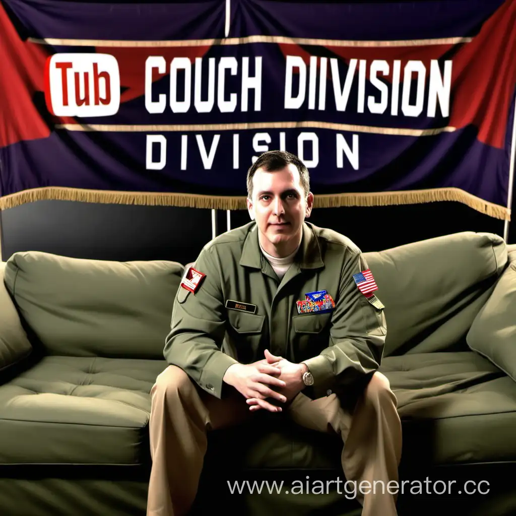 Аватарка для ютуб канала: Аналитик диванного дивизионна
где мужчина сидит на диване военного цвета  ,а сзади него знамена диванных войск