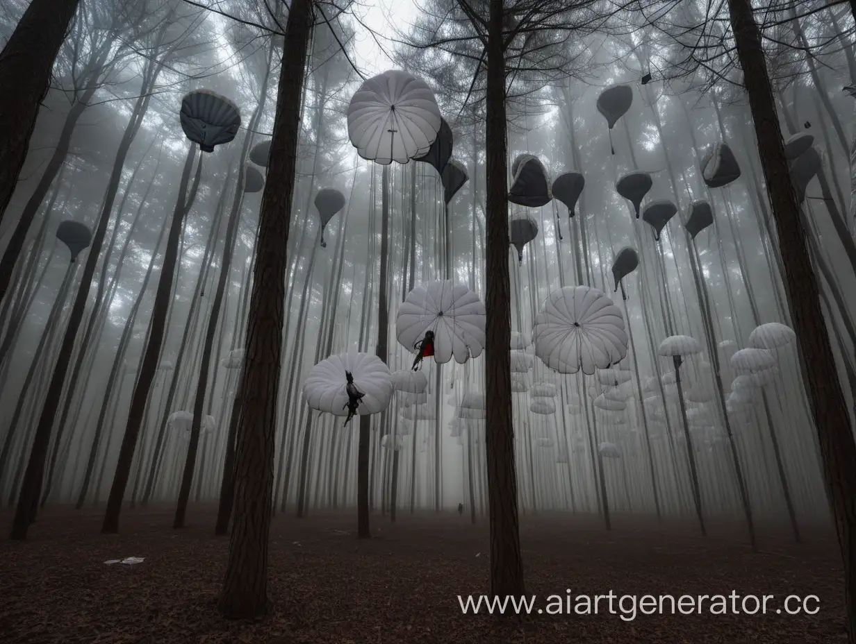 парашюты развешаны с деревьев в лесу