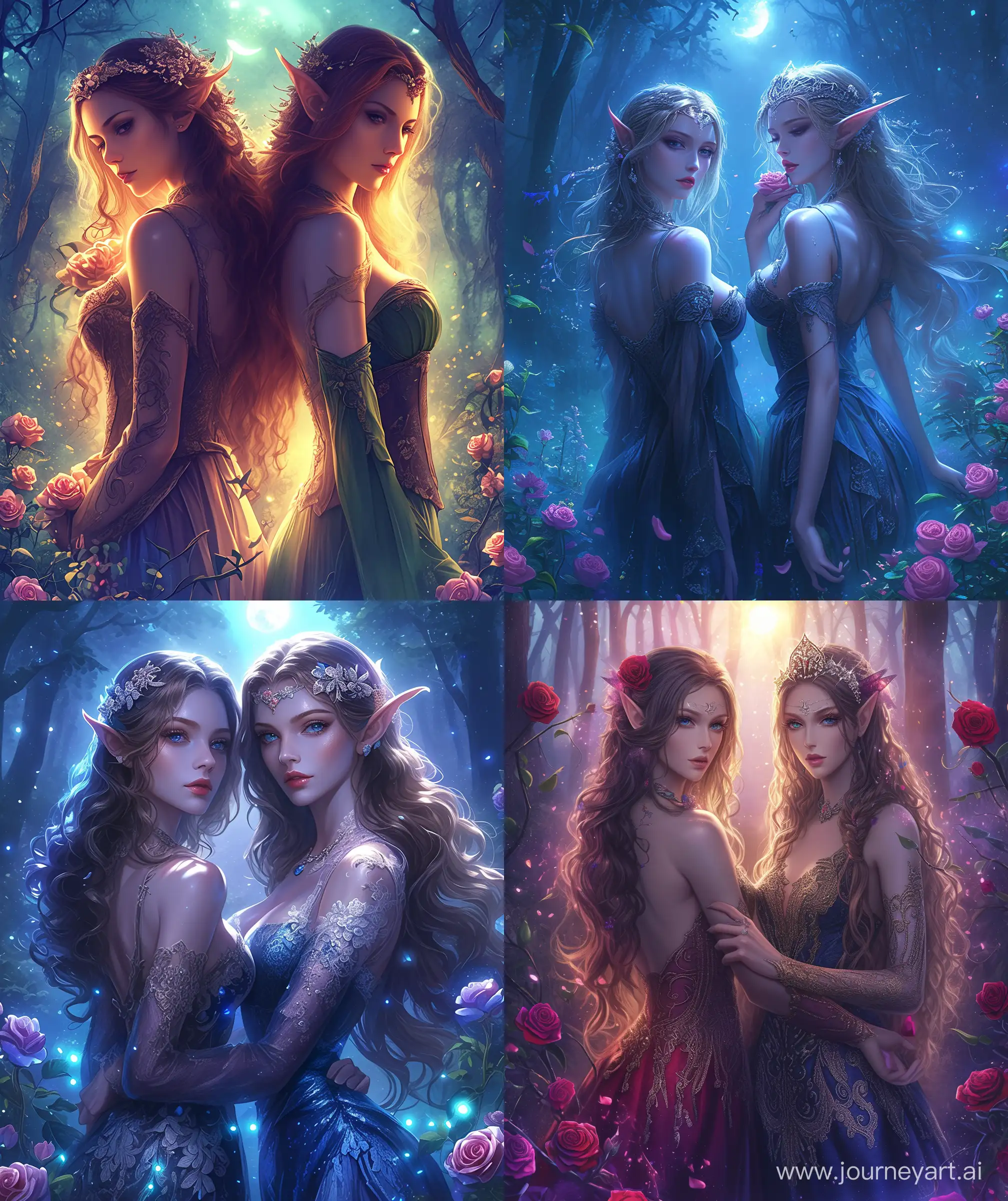 Beautiful two woman, elves sisters, mature and beautiful, wearing beautiful dress, moonlight, forest ambient, magical atmosphere, roses around, two elves, beautiful hair style, ultra HD, high quality, sharp details, flowers Tiara wearing, luminating light, --ar 27:32 --niji 6