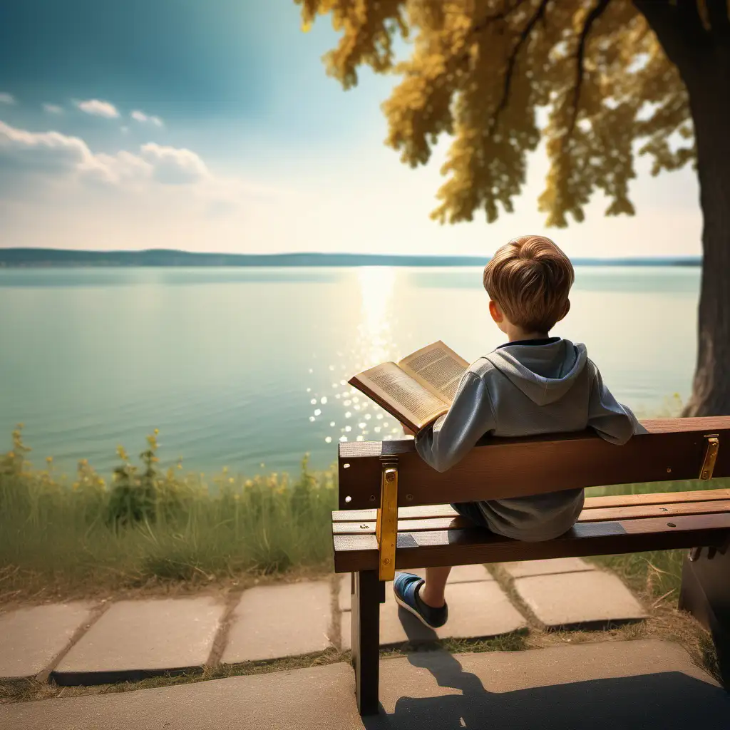 Little boy, sitting on wood bench, staring lake balaton, golden, shiny book in his hand, with no writing on pages, from behind, realism, detailed texture, Cinematic, Color Grading, Ultra-Wide Angle, Depth of Field, hyper-detailed, beautifully color-coded, insane details,