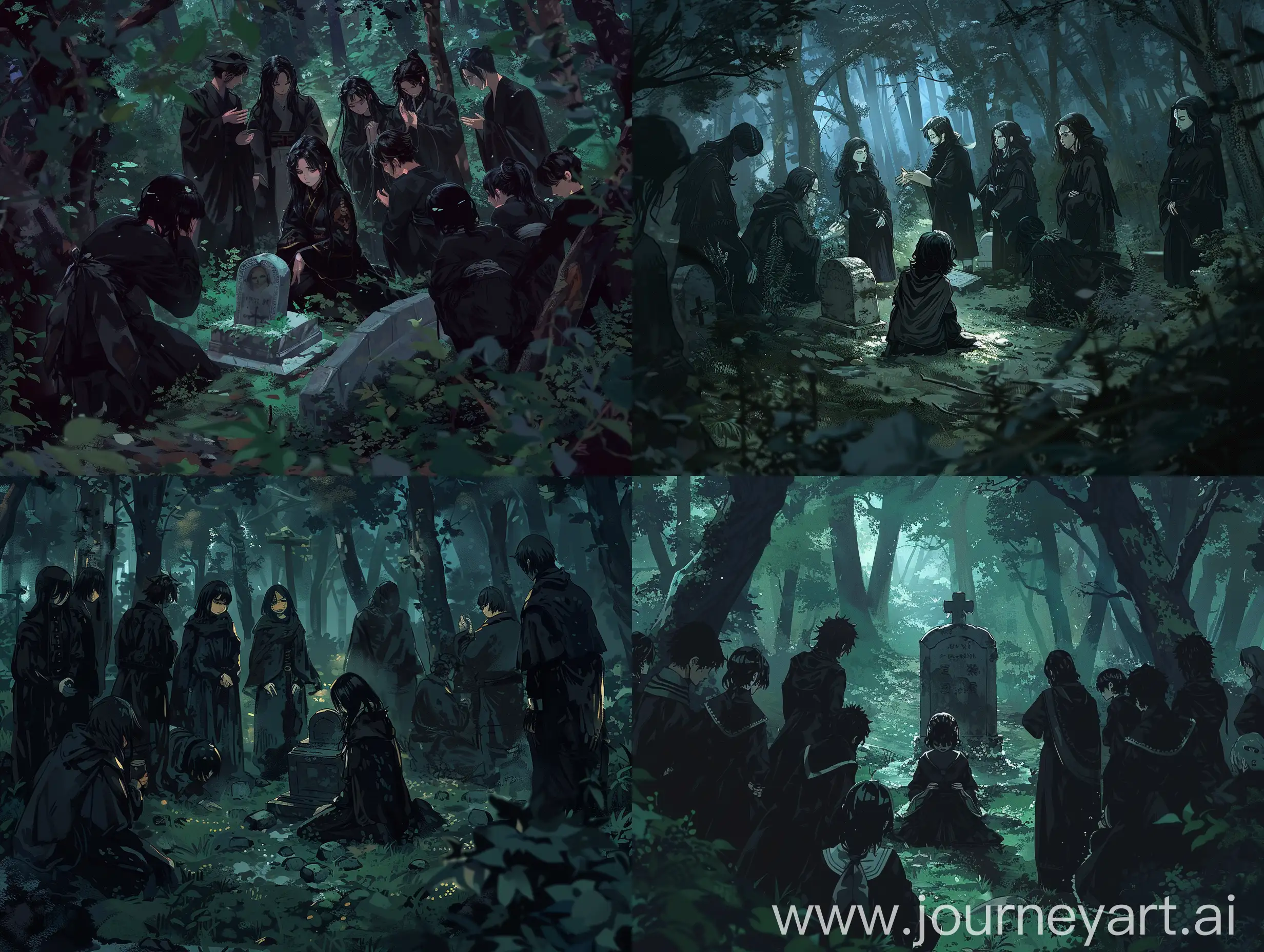 在一个幽暗的森林里，一群黑衣人围着一个女孩，女孩子跪在坟墓前。